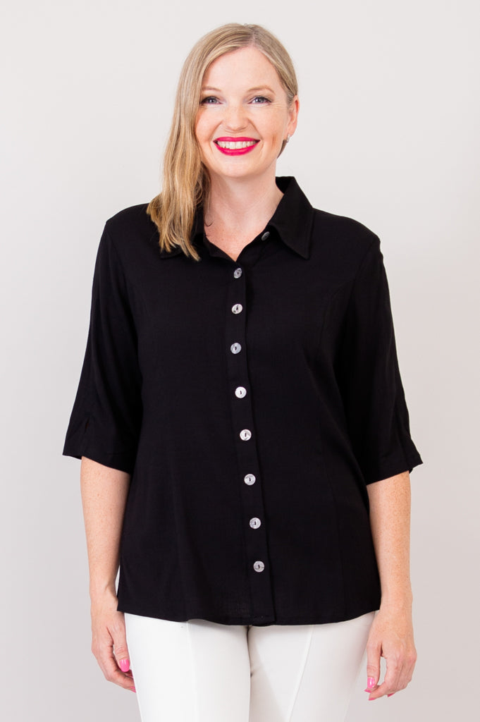 Lorine Blouse Women's Linen Bamboo Blend Black Top - Elegant Casual Shirt for Office, Date Night & Summer Outfits
