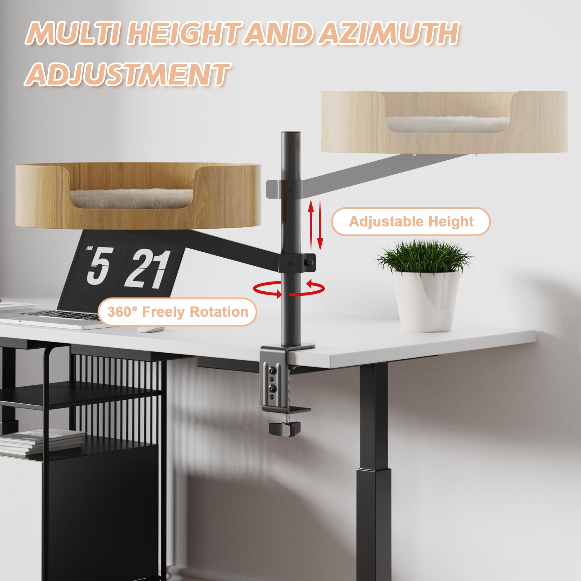 Premium Adjustable Height & 360° Rotating Wooden Cat Bed for Indoor Cats – Elevated Desk Nest for Small Spaces, Perfect for Home Office, Study, or Workstation Use