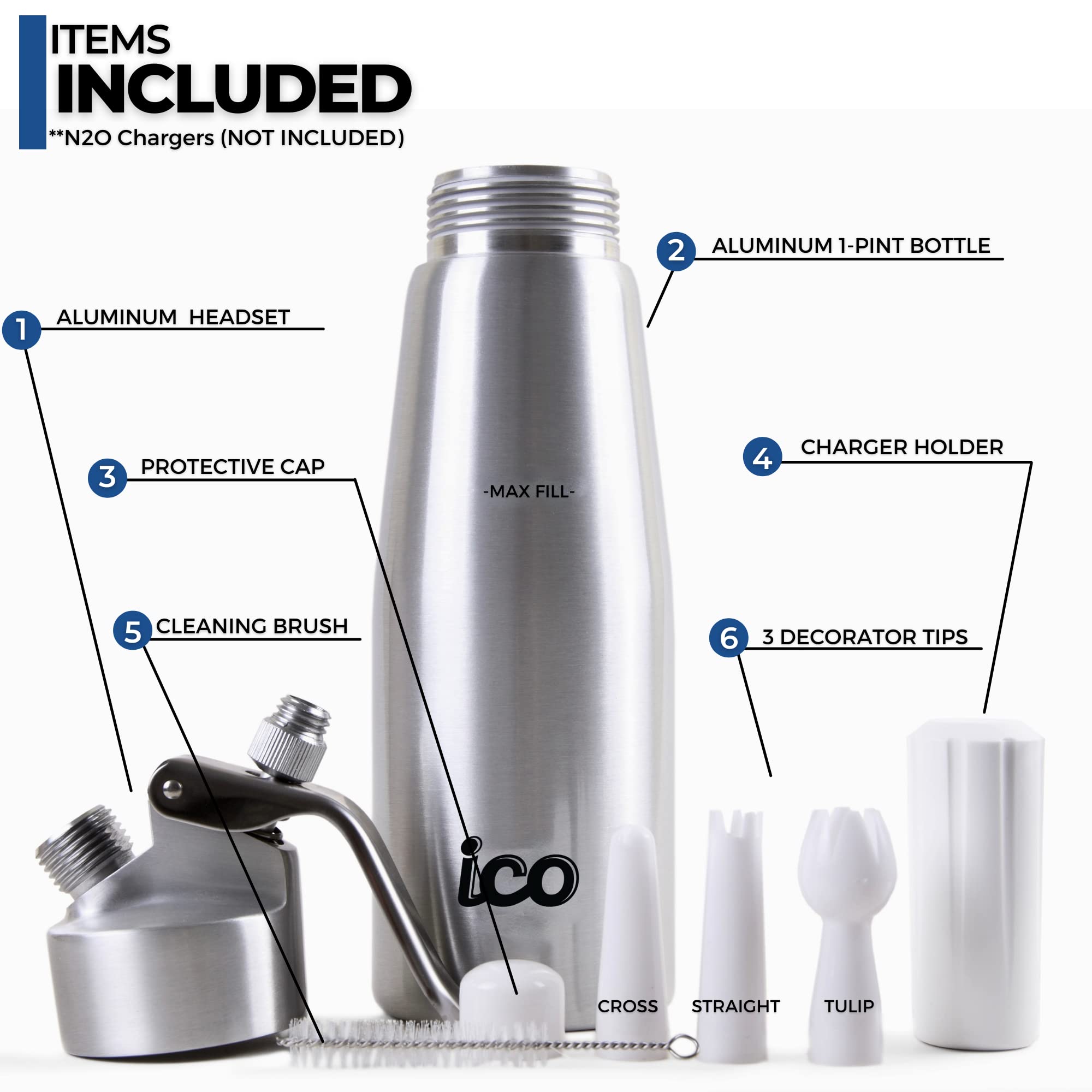 Premium 1-Pint Aluminum Whipped Cream Dispenser - Professional Whipped Cream Maker for Desserts, Coffee, Cocktails & Baking - Silver (Case of 12) - Perfect for Home Chefs, Baristas & Mixologists