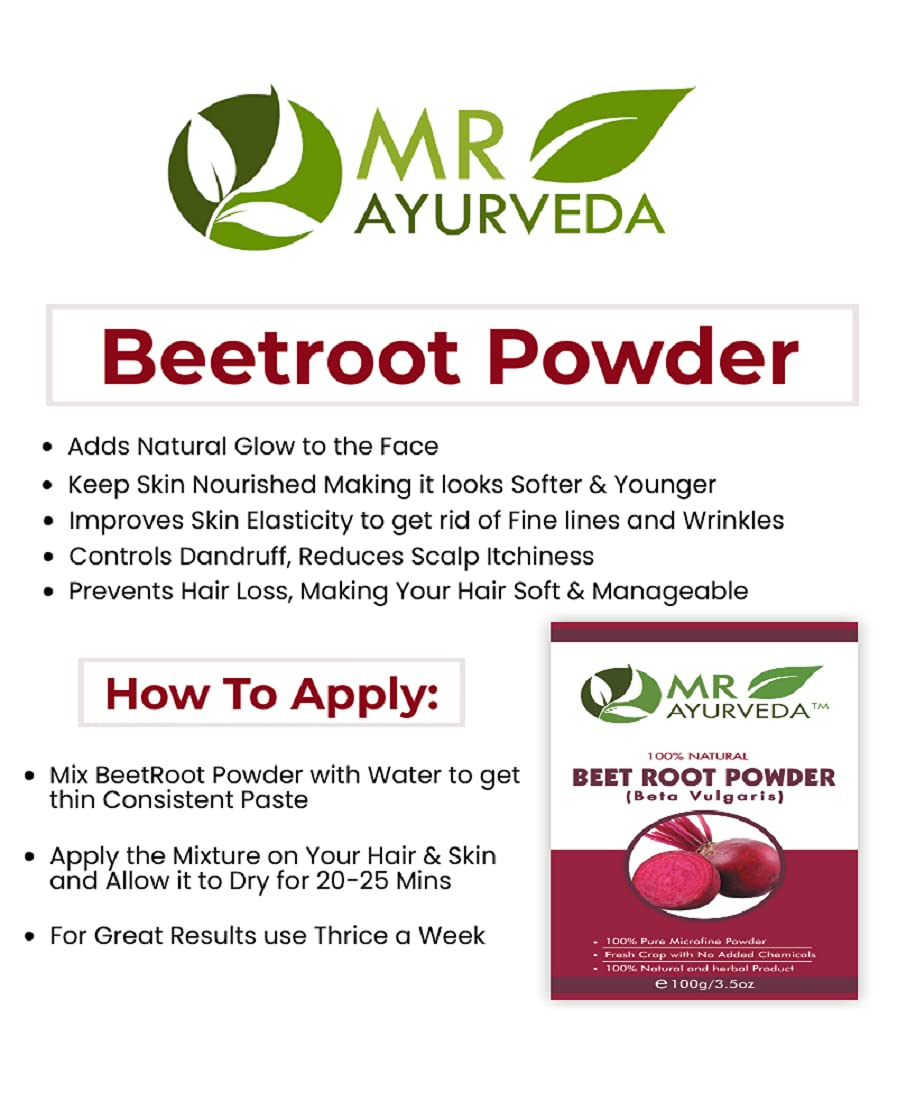 Organic Beetroot Powder for Skin, Hair & Face - 100% Pure, No Additives | Natural Beauty & Wellness Supplement | Smoothies, Juices & DIY Masks | 100g by MR Ayurveda