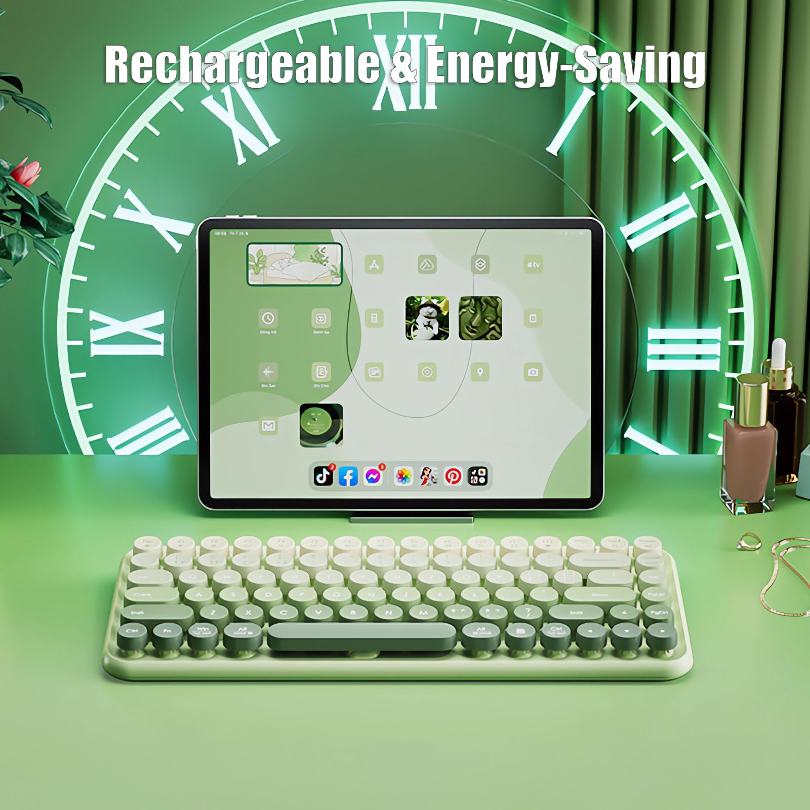 Wireless Typewriter Keyboard - 2.4G/Bluetooth/USB-C, 85-Key Retro for Gaming & Office, Matcha Green