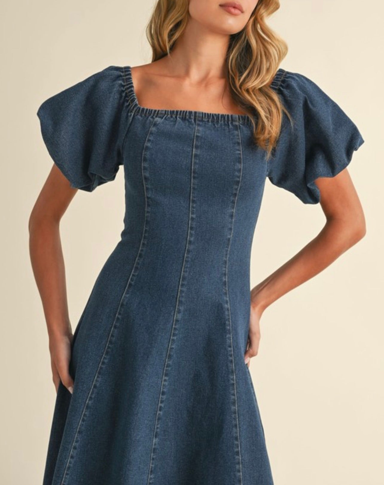 Stylish Denim Puff Sleeve A-Line Midi Dress for Women | Vintage Inspired Casual & Party Wear | Perfect for Date Nights, Office Outfits and Summer Events