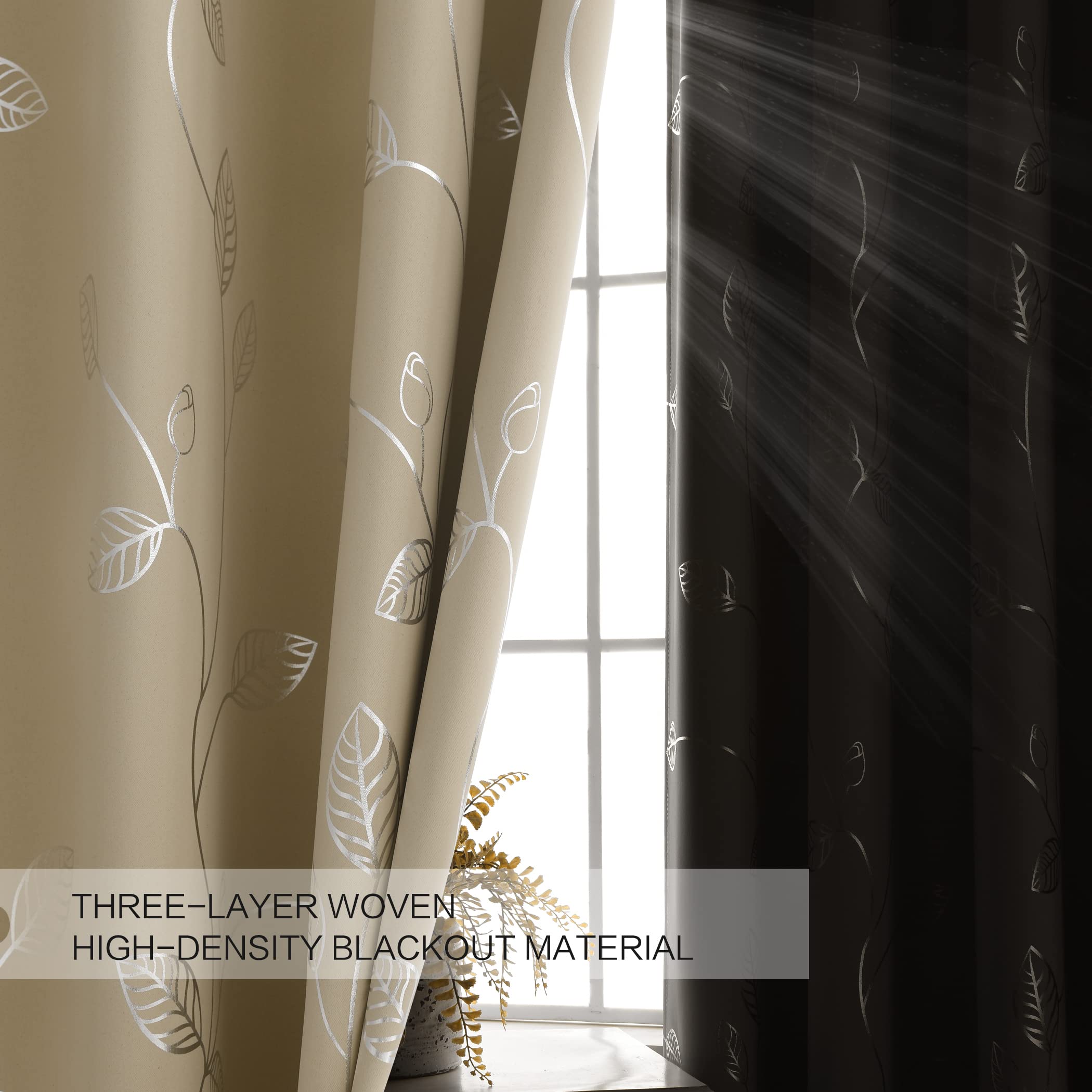 BUHUA 52 x 84 Inch Blackout Curtains for Bedroom - Beige Leaf Pattern Thermal Insulated Window Drapes (Set of 2 Panels) | Noise Reducing & Energy Saving for Home, Nursery & Living Room