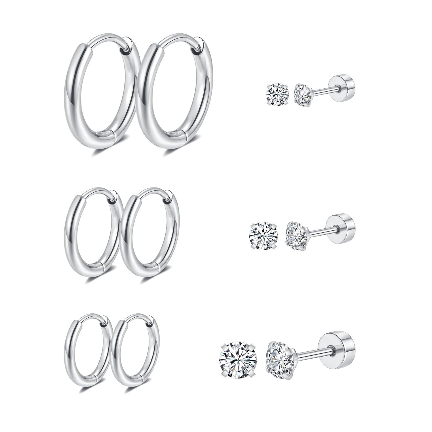 14K Gold Plated Surgical Steel Hoop Earrings for Women - Hypoallergenic Flat Back Stud Earrings Set with Cubic Zirconia | 6 Pairs Hoop & Stud Earrings for Everyday Wear, Gift Giving & Special Occasions