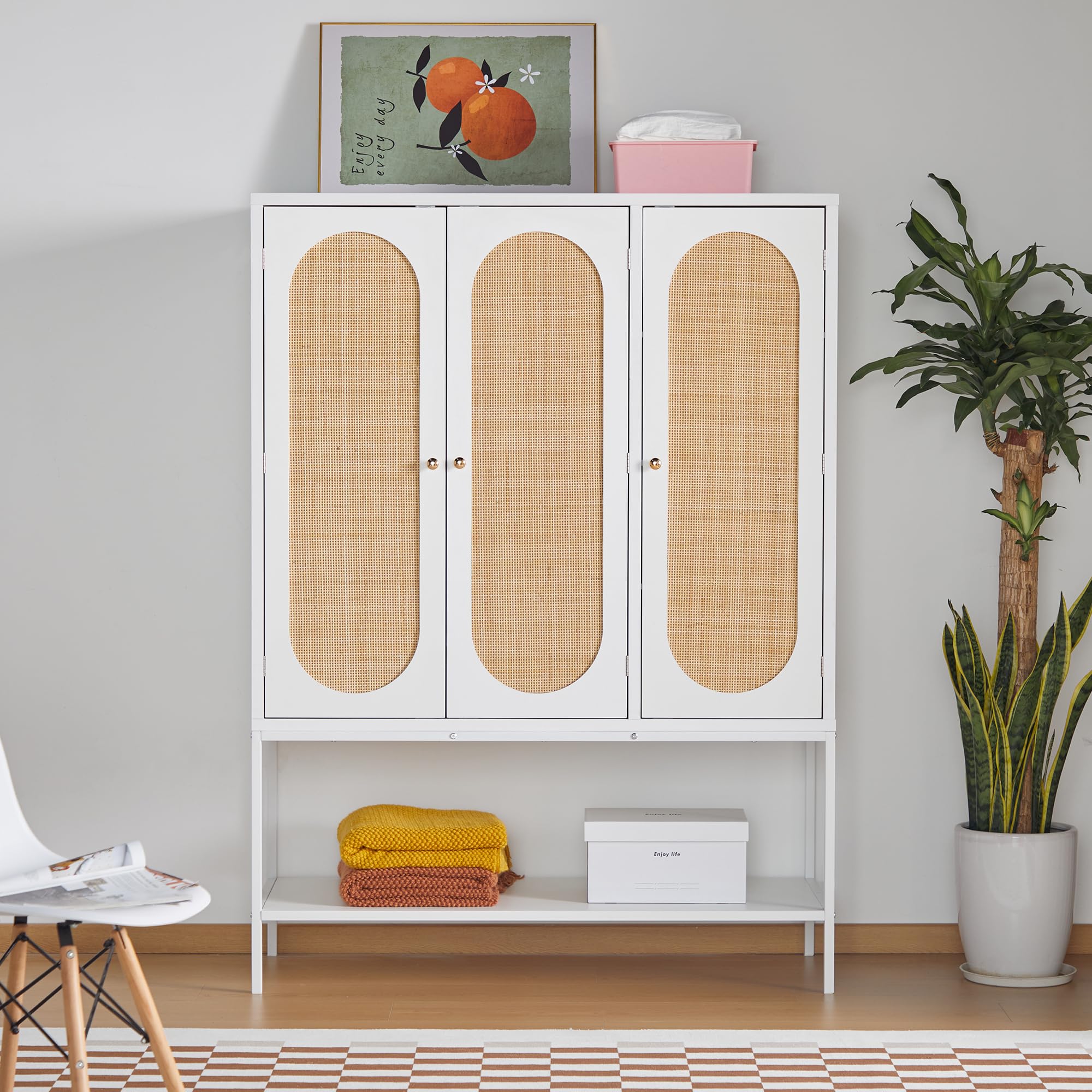 Freestanding Rattan Wardrobe Closet with Storage Cubes & Hanging Rod - 3-Door White Cabinet for Bedroom Organization | Perfect for Small Spaces, Apartments & Dorm Rooms