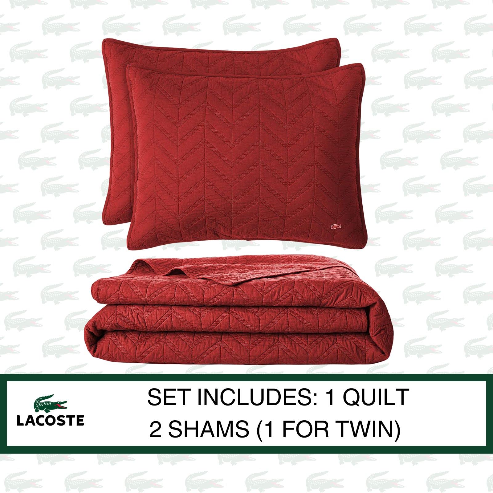 Lacoste Herringbone Stitch 2-Piece Quilt Set - Twin Size, Deep Red - Soft & Stylish Bedding for Cozy Bedroom Decor