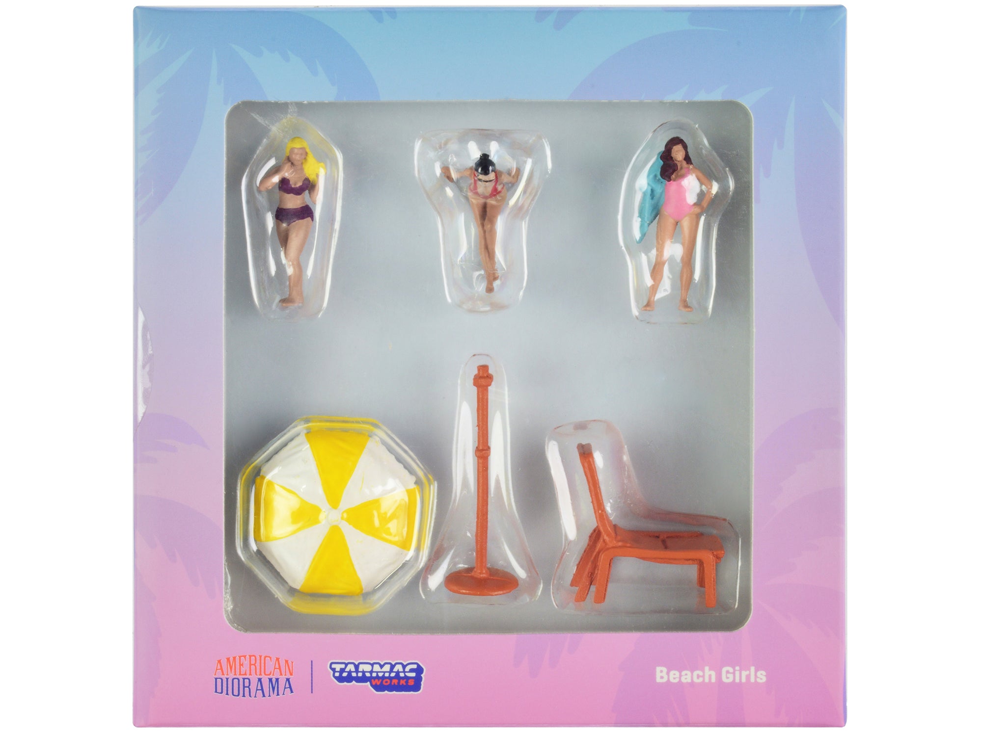 1/64 Scale Beach Girls Diecast Figure Set - 3 Female Figures & 2 Beach Accessories by Tarmac Works & American Diorama - Perfect for Model Car Displays, Diorama Scenes, and Collectors