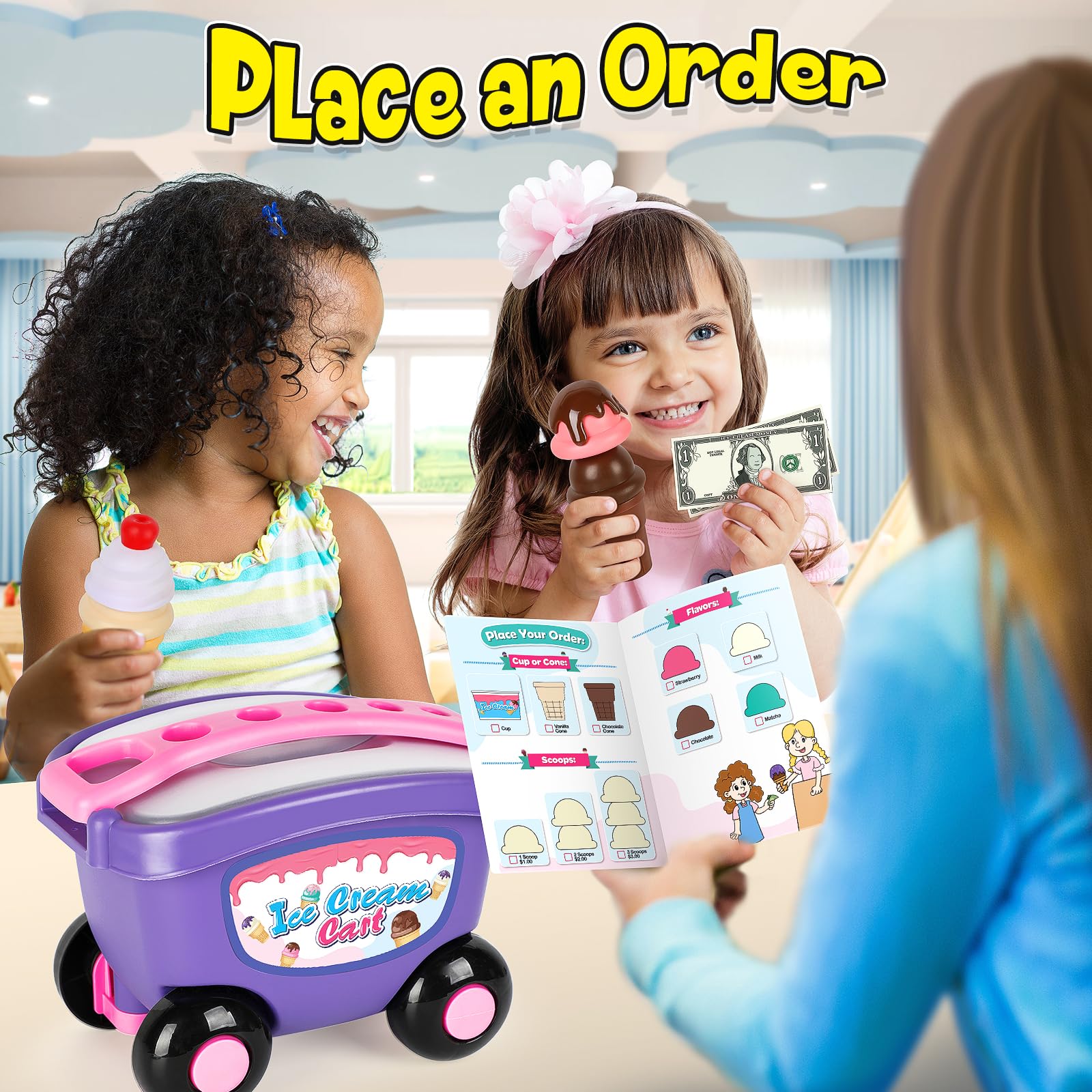 Torlam Kids Pretend Play Ice Cream Cart Toy Set - Interactive Ice Cream Shop Counter with Scoop & Cone Maker - Educational Grocery Store Playset for Toddlers Ages 3-6 (Boys & Girls) - Perfect for Birthday Gifts, Role Play & Early Learning Activities