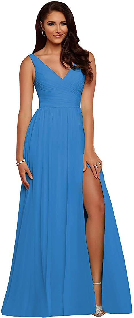 Elegant Long Chiffon Bridesmaid Dress with V-Neck & High Slit - Backless Formal Gown for Weddings, Prom & Special Occasions | Perfect for Wedding Guests, Bridal Parties & Evening Events