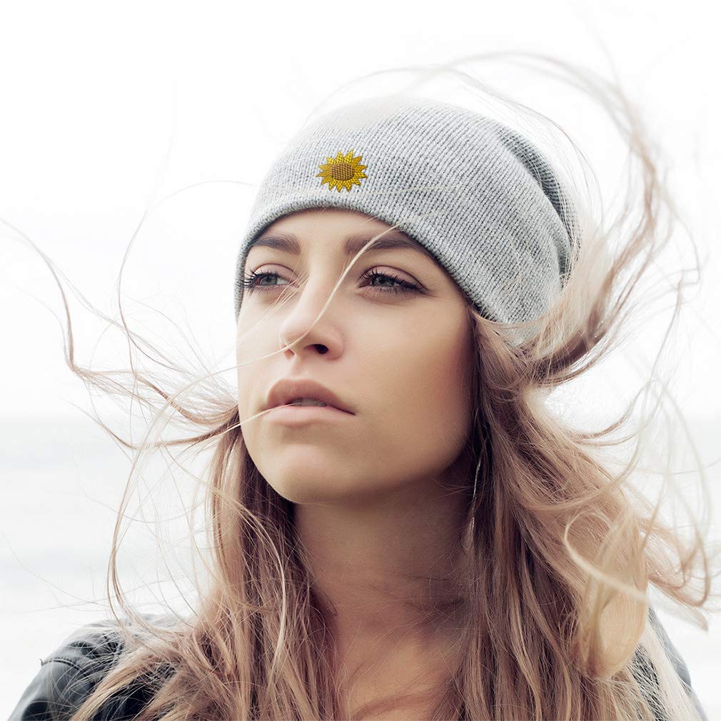 Sunflower Embroidered Slouchy Beanie for Men & Women - Soft Cotton Winter Skull Cap - Perfect for Cold Weather, Outdoor Activities & Fashion Accessories