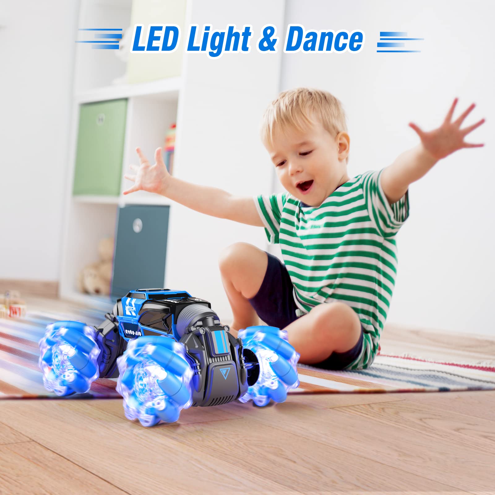 PowerExtra Gesture RC Car - 4WD 2.4GHz Remote Control Stunt Vehicle with Hand Gesture Sensing, 360° Rotation, LED Lights & Music - Best Off-Road Toy Car for Kids Ages 6-12 (Blue) - Perfect for Indoor Play, Backyard Racing & Birthday Gifts