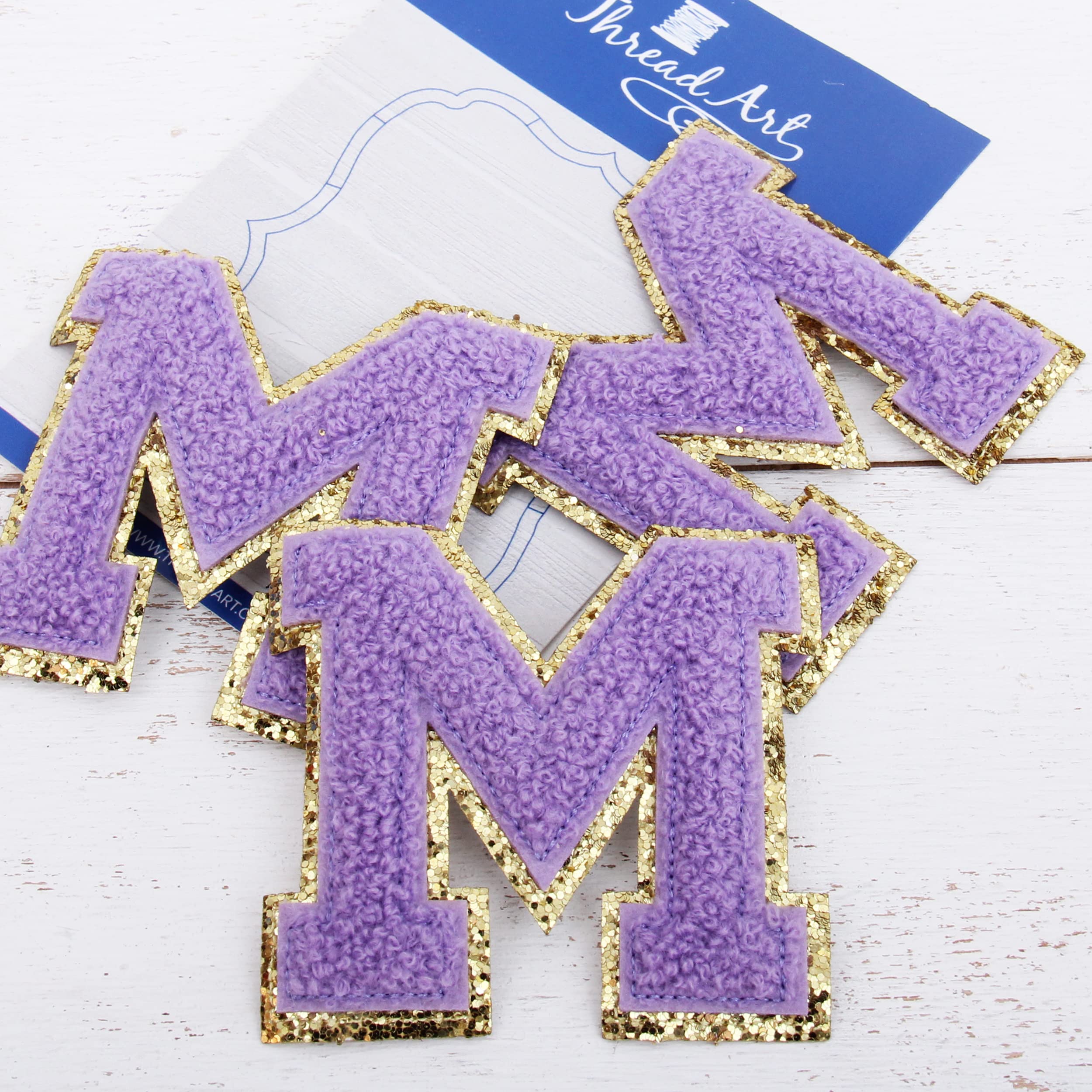 3 Pack Lavender Chenille Iron-On Glitter Varsity Letter Patches (8cm Tall 
