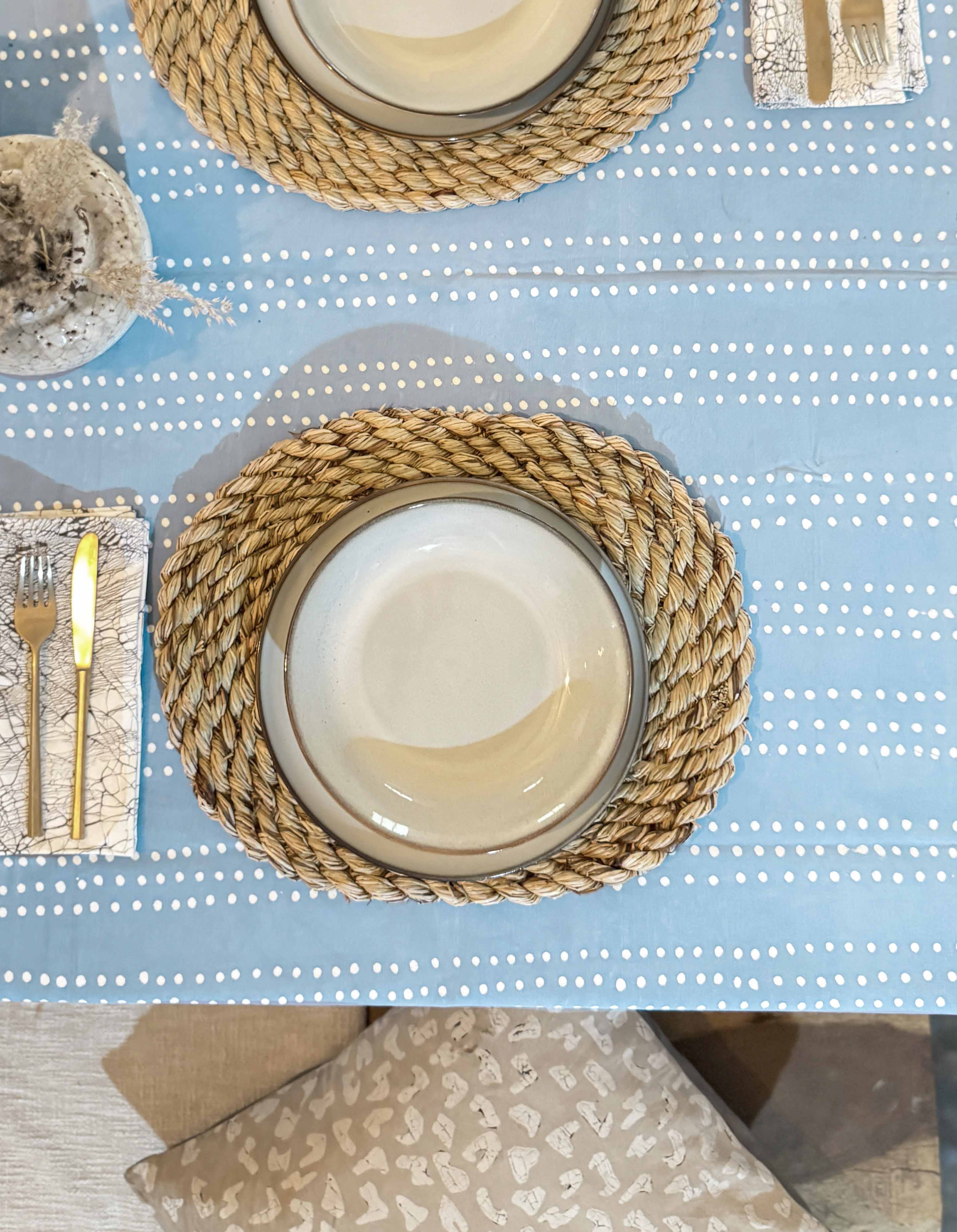 Handmade Indigo Blue Tribal Print Tablecloth with Light Blue Dots - Perfect for Boho Dining, Outdoor Picnics & Ethnic Home Decor