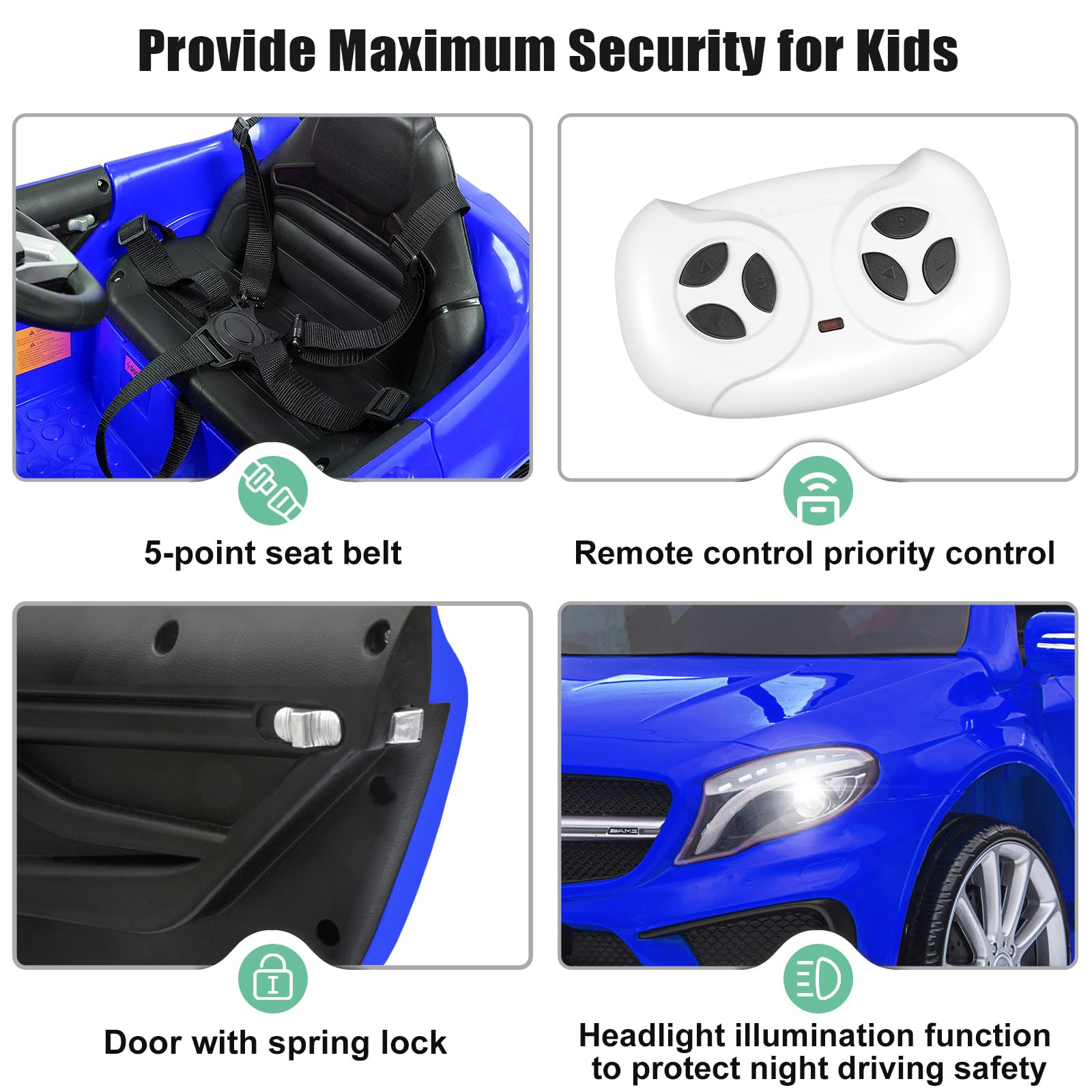 12V Kids Ride On Car with 2.4G Remote Control - Battery Powered Electric Vehicle for Toddlers, Double Doors, 5-Point Safety Belt, LED Lights (Blue) - Perfect for Indoor & Outdoor Play, Birthday Gifts, and Family Fun