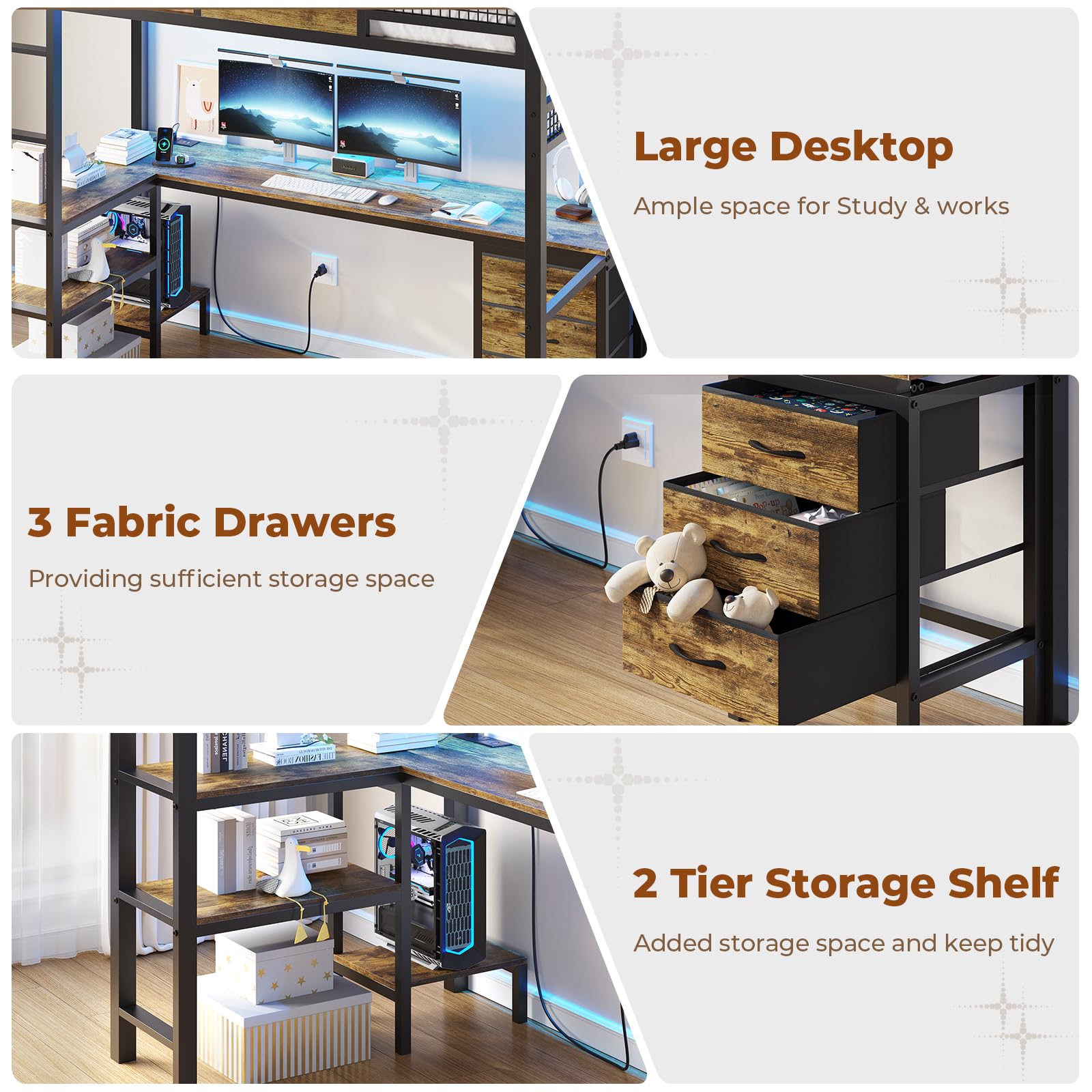 Twin Loft Bed with L-Shaped Desk - Metal Twin Size Bed Frame with LED Lights & USB Charging Station, 3 Fabric Drawers & 2-Tier Storage Shelves, Safety Guard Rail & Ladder - Space Saving Kids/Teens Bed for Small Rooms, Dorms & Apartments (No Box Spring Needed)