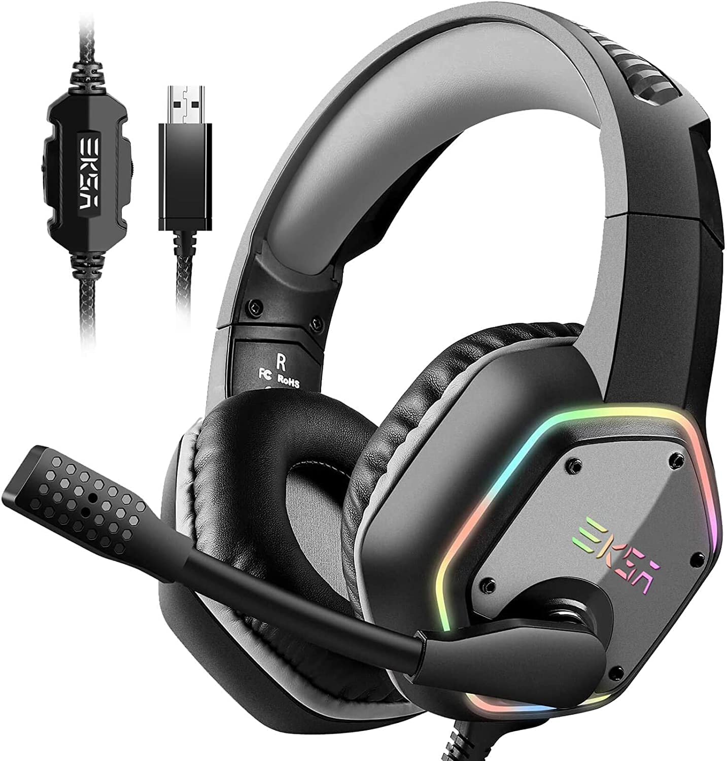 EKSA E1000 USB Gaming Headset with Noise-Canceling Mic - 7.1 Surround Sound RGB Wired Headphones for PC, PS4, PS5, Laptop & Call Center | Perfect for Competitive Gaming, Streaming & Online Meetings