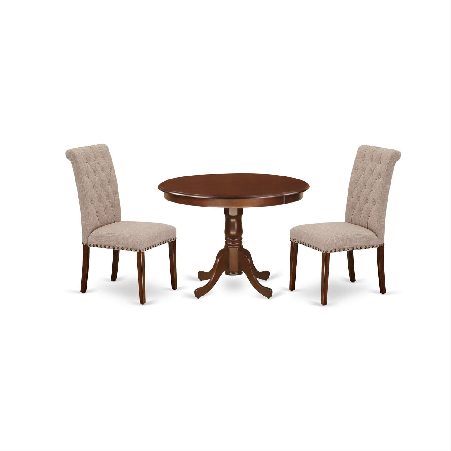 East West Furniture HLBR3-MAH-04 3-Piece Round Dining Set with Pedestal Table & 2 Linen Upholstered Chairs, 42x42 Inch, Mahogany - Perfect for Small Spaces, Breakfast Nooks & Cozy Dining Rooms