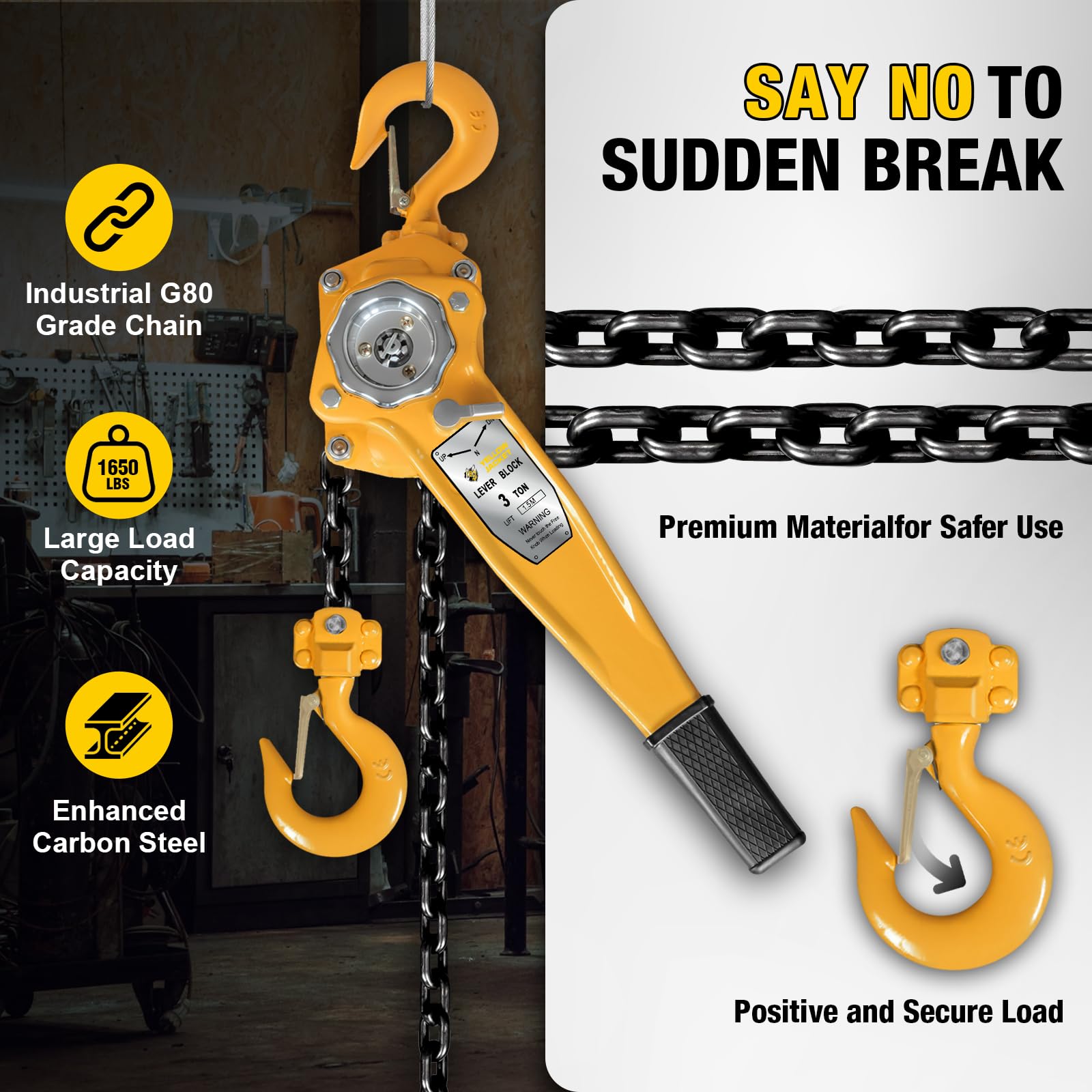 3 Ton Manual Lever Chain Hoist - Yellow Jacket G80 Galvanized Carbon Steel with Weston Double-Pawl Brake | Heavy Duty Chain Come Along for Lifting, Pulling & Rigging | Construction, Warehouse & Automotive Use