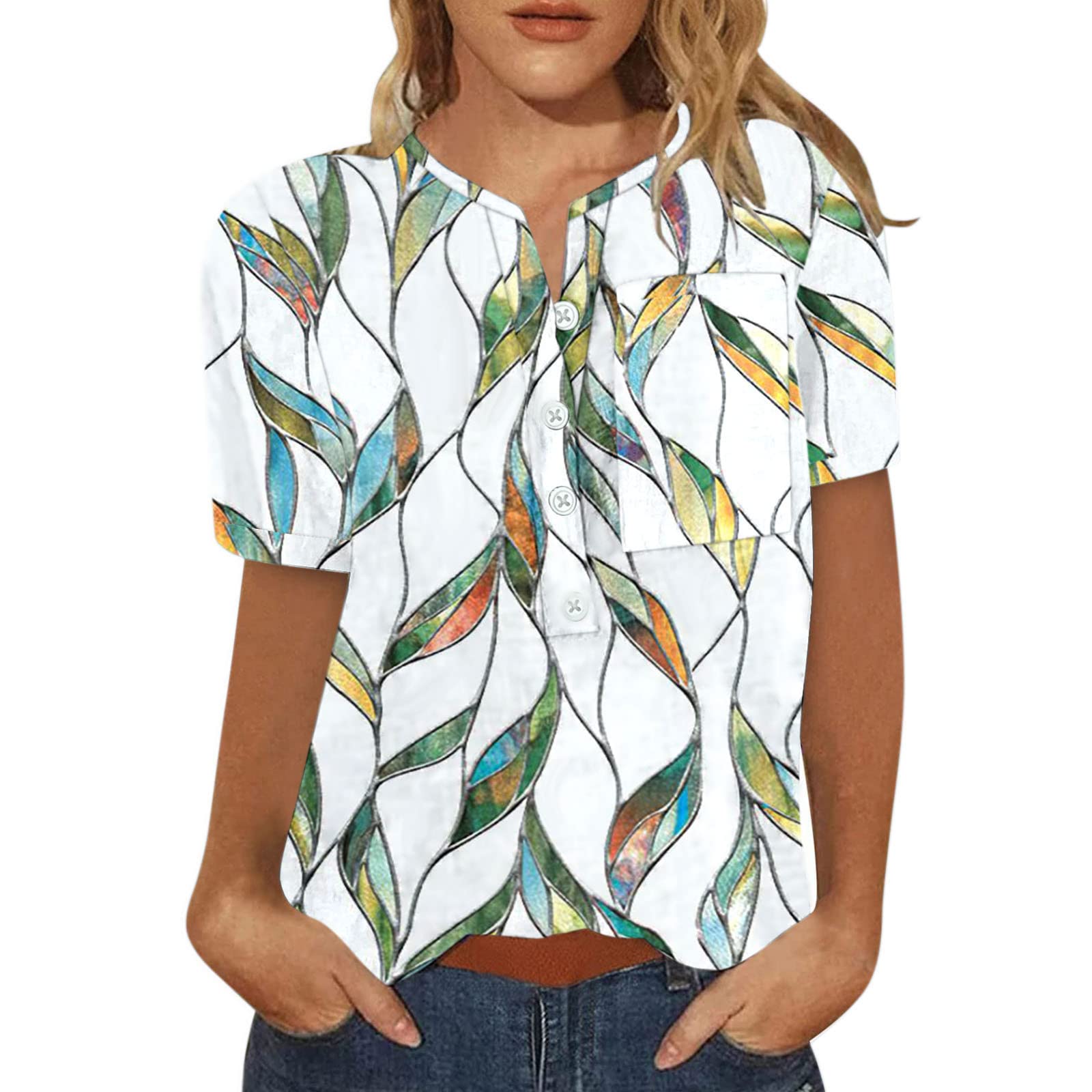 Women's Short Sleeve Summer Casual Printed Button Neck T-Shirt - Stylish Ladies Top for Everyday Wear, Outings & Beach Vacation