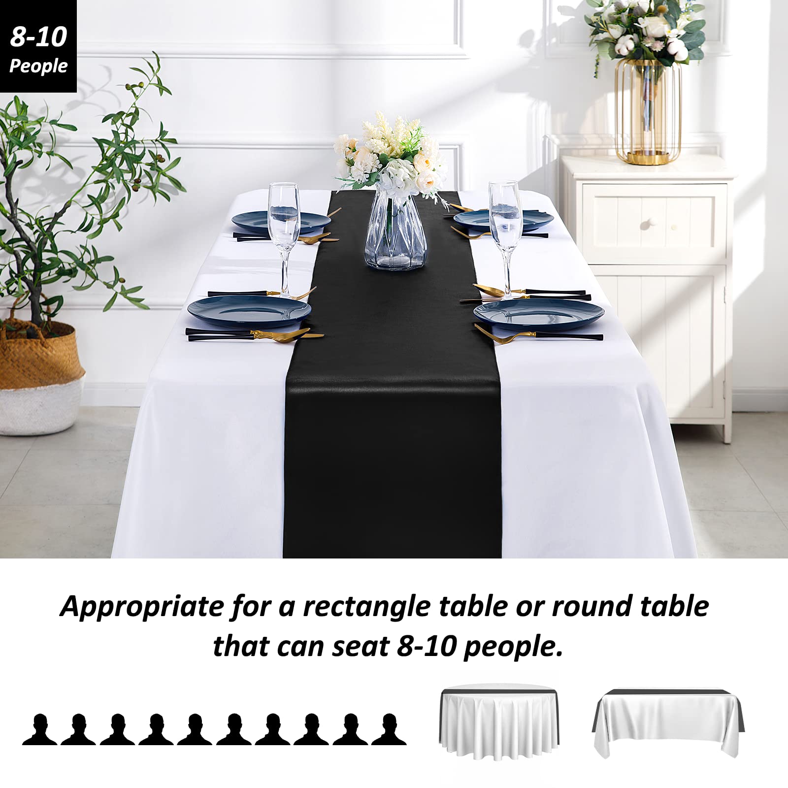 24-Pack Black Satin Table Runners 12x108 Inches - Elegant Wedding & Event Decor for Banquets, Buffets, Graduation Parties, Birthday Celebrations & Engagement Receptions - Smooth Long Tablecloth for Formal Dining & Special Occasions