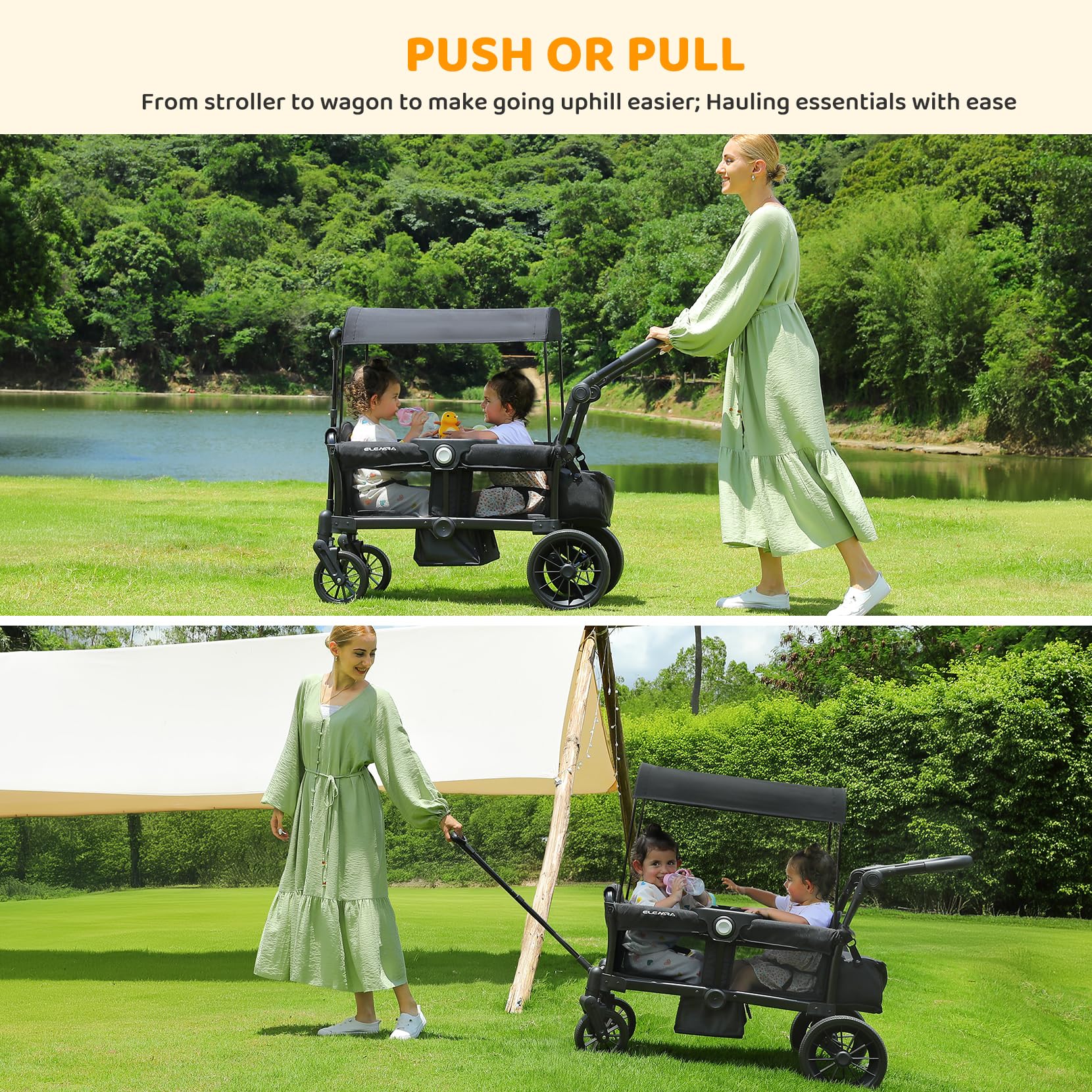 **ELEMARA 2-in-1 Foldable Stroller Wagon for Kids - All-Terrain Push & Pull Wagon with Removable Canopy, Adjustable Handle, Safety Harnesses & Large Storage Bag - Perfect for Beach, Park & Outdoor Adventures (Black)**