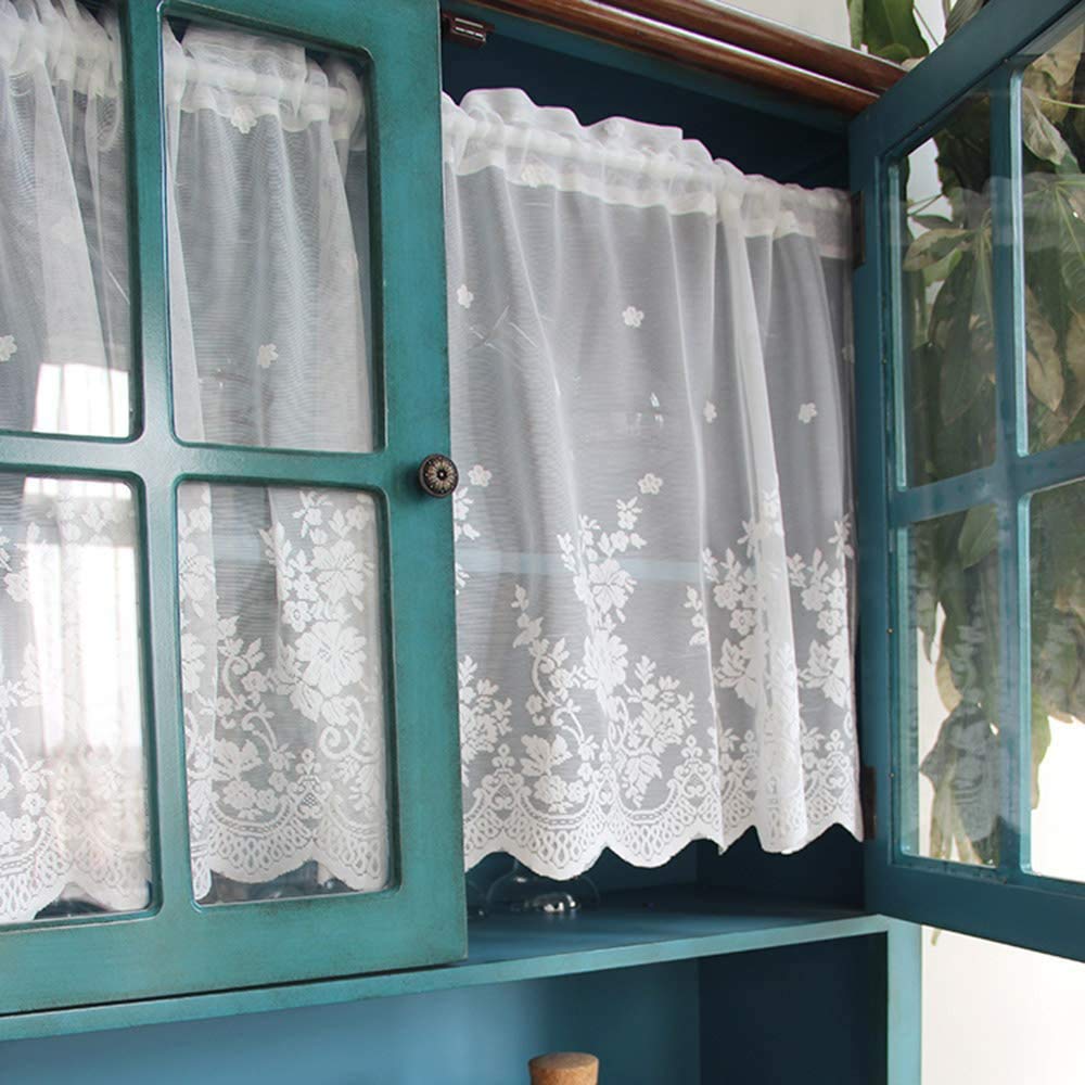Rustic White Kitchen Half Curtains - Embroidered Net Cafe Curtains for Small Windows, Semi-Sheer Short Curtains, Perfect for Farmhouse, Cottage, and Country Style Decor