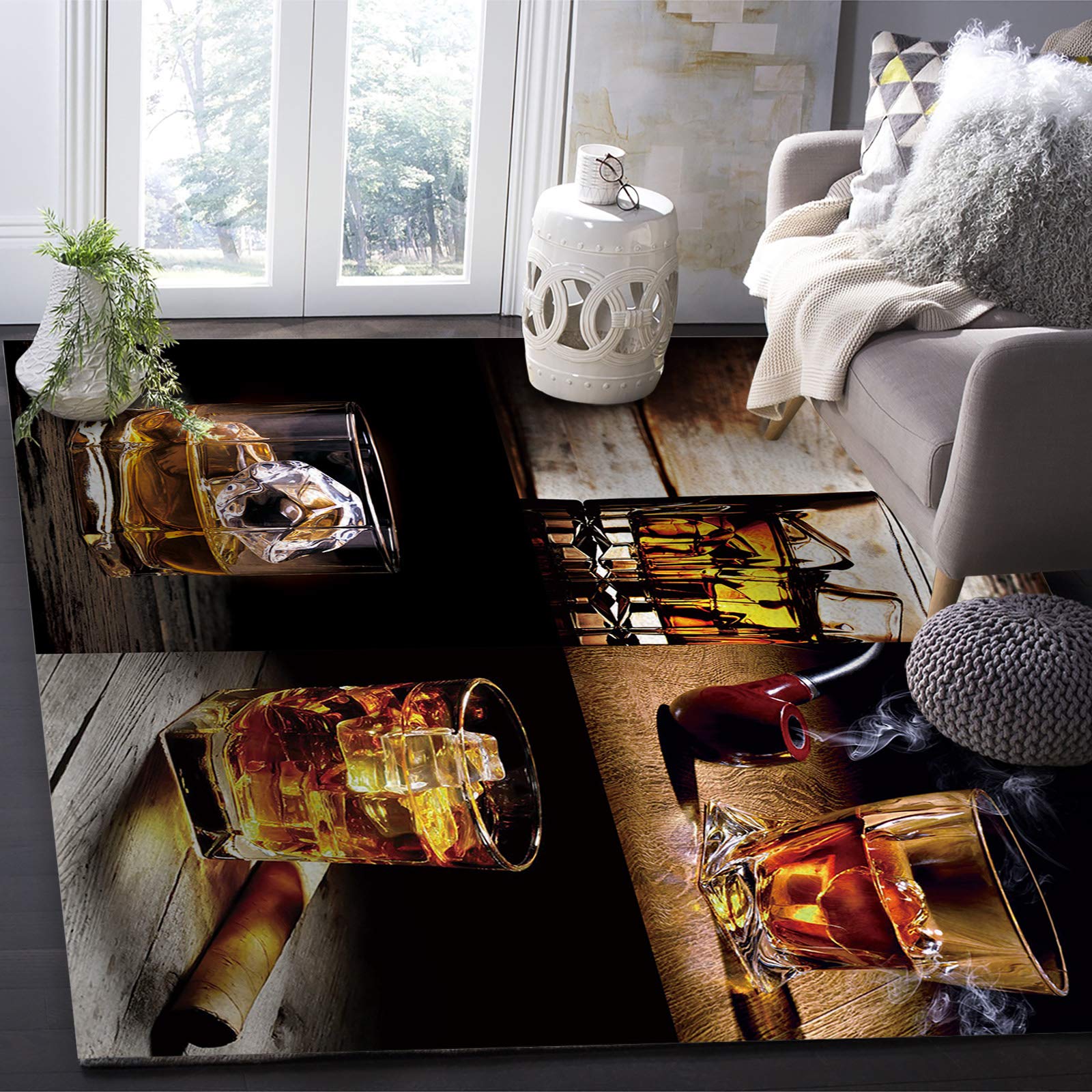 Savannan Non-Skid Area Rug - 5'x7' Rectangle Indoor Runner with Wine & Whisky Glass Design on Wood Plank Background - Perfect for Bedroom, Living Room, Playroom, Porch & Home Decor