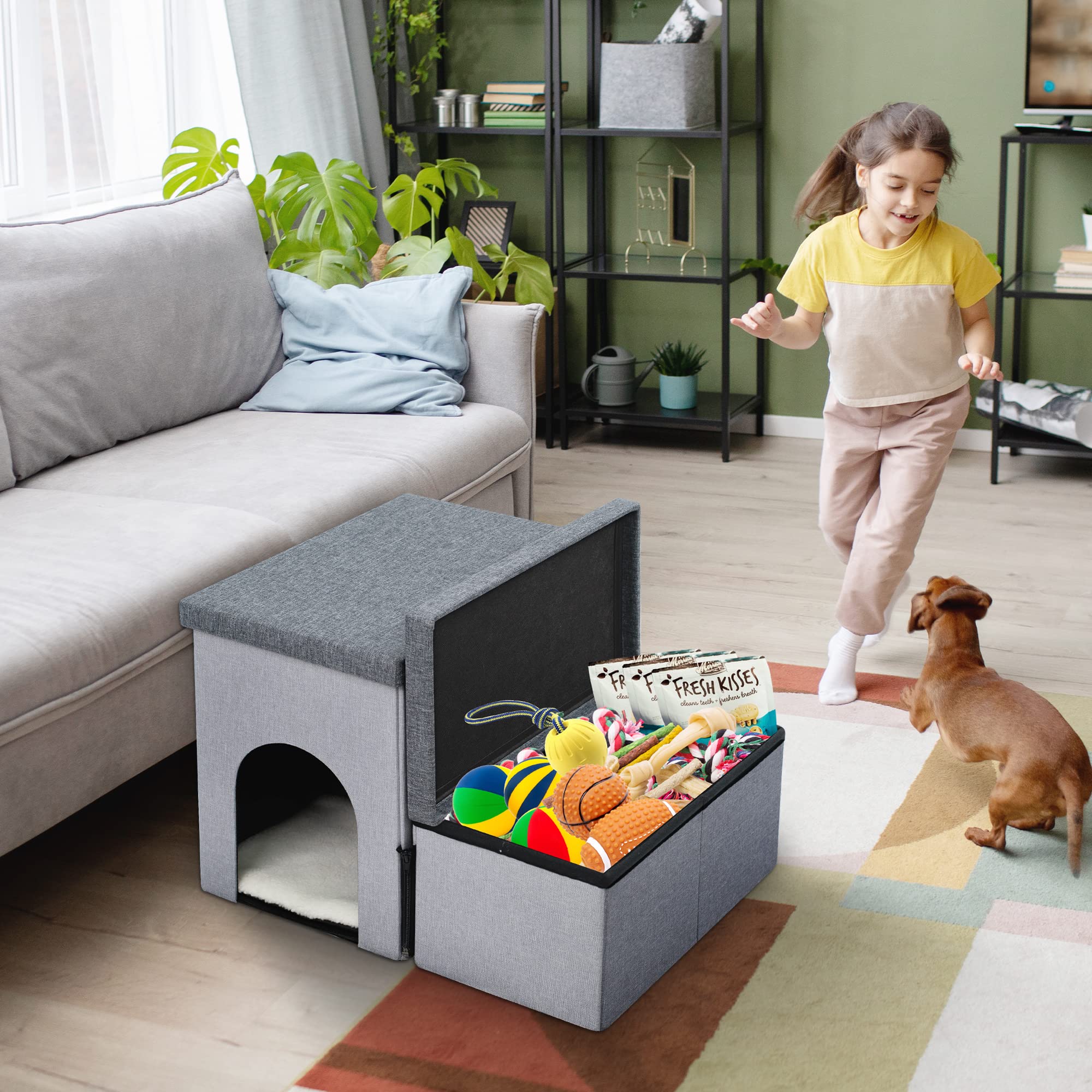 Foldable Dog Stairs for Small to Large Dogs & Cats - 2-Step Pet Steps with Storage & Pet House, Non-Slip Ramp for Couch & High Bed - Supports Up to 150 lbs - Perfect for Elderly Pets, Bed Access & Small Space Living