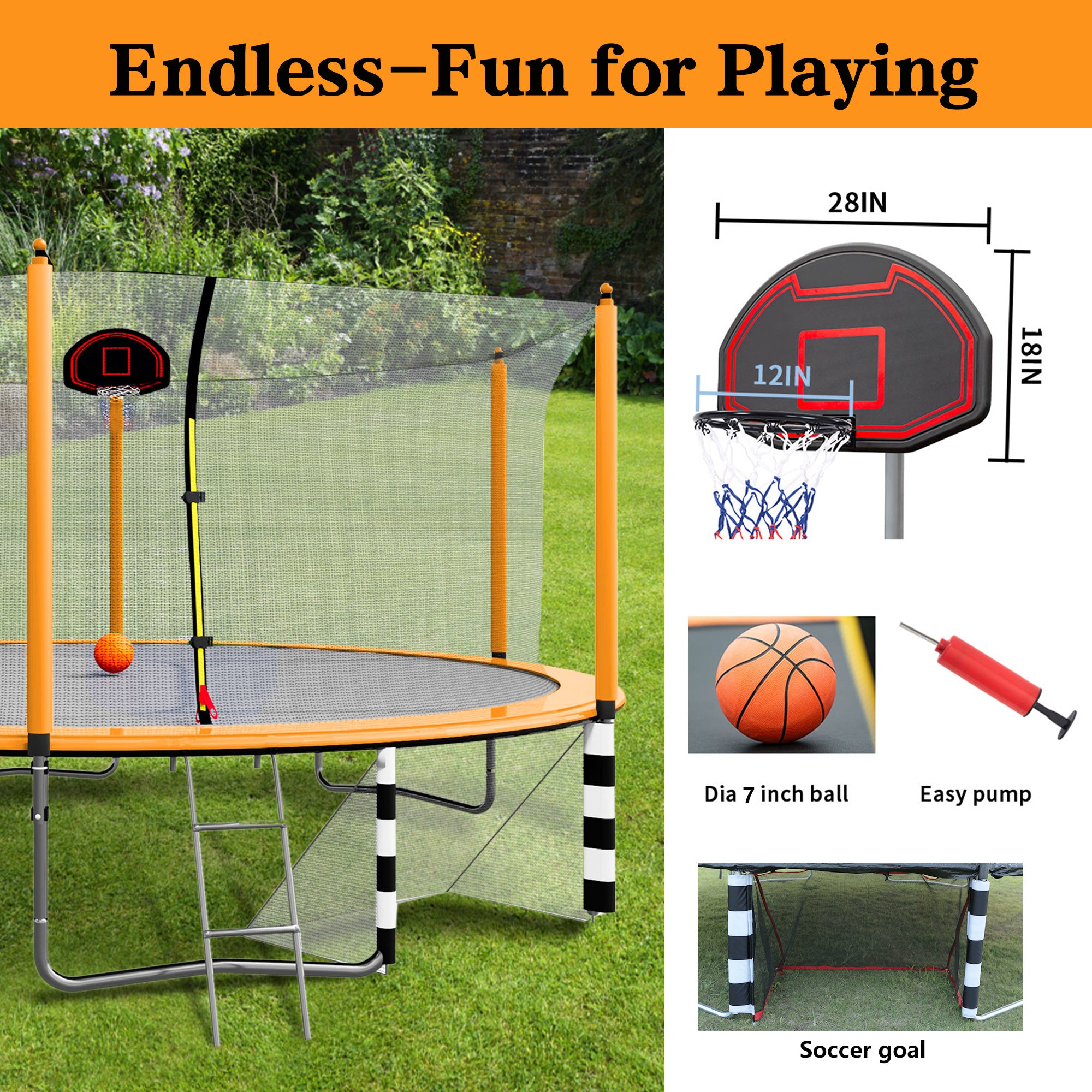 16FT Trampoline with Basketball Hoop, Pump & Ladder - Includes Inner Safety Enclosure & Soccer Goal (Orange) | Perfect for Backyard Fun, Outdoor Exercise & Family Bonding Activities