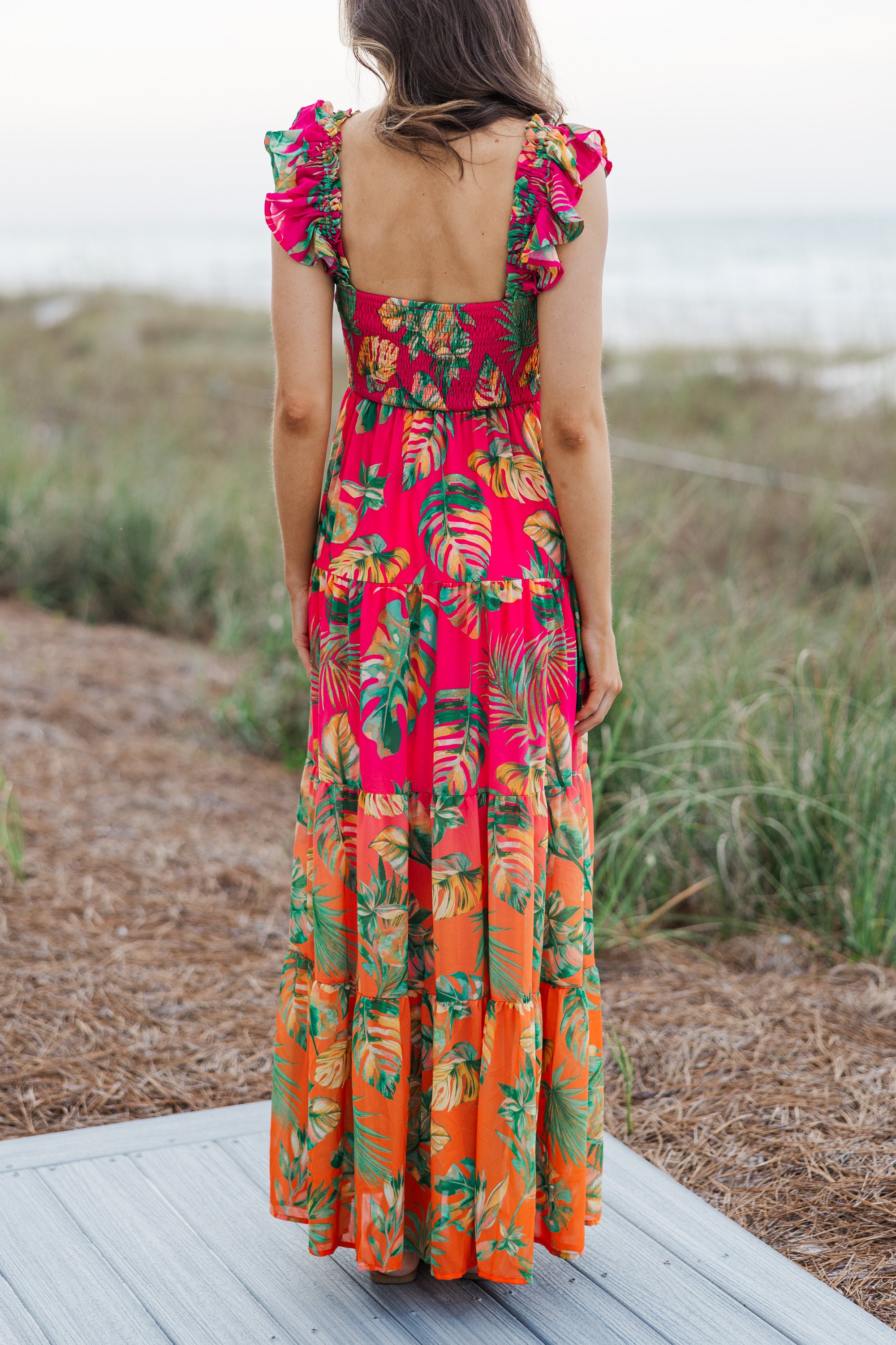 Fuchsia Pink Tropical Maxi Dress for Women - Floral Summer Beach Dress with Side Slit | Perfect for Vacations, Pool Parties & Boho Outfits