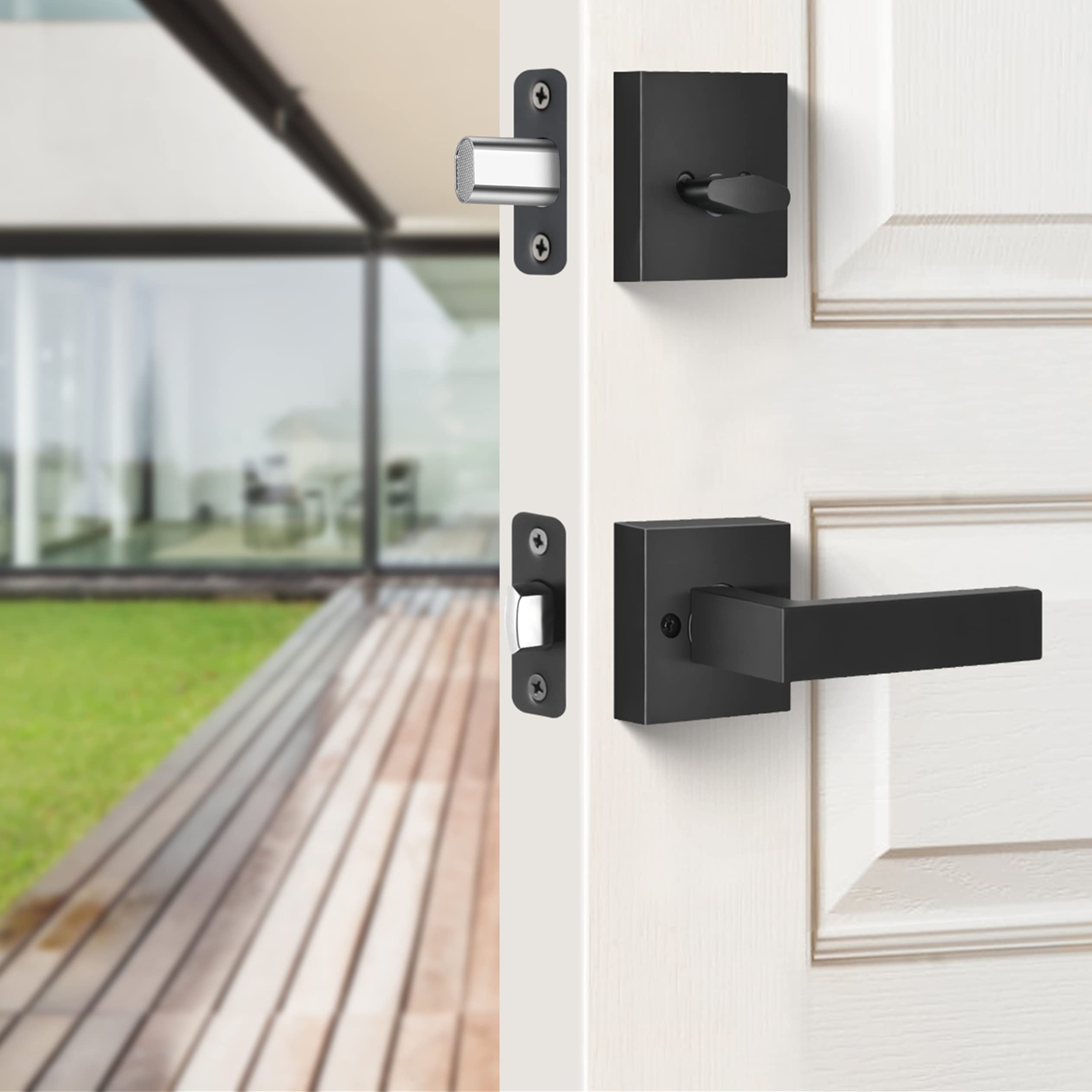 Front Door Handle with Deadbolt and Lever Set - Adjustable Entry Door Handleset, Single Cylinder Keyed Deadbolt, Reversible Door Lever in Matte Black - Perfect for Home Security, Apartments & Office Entrance Doors