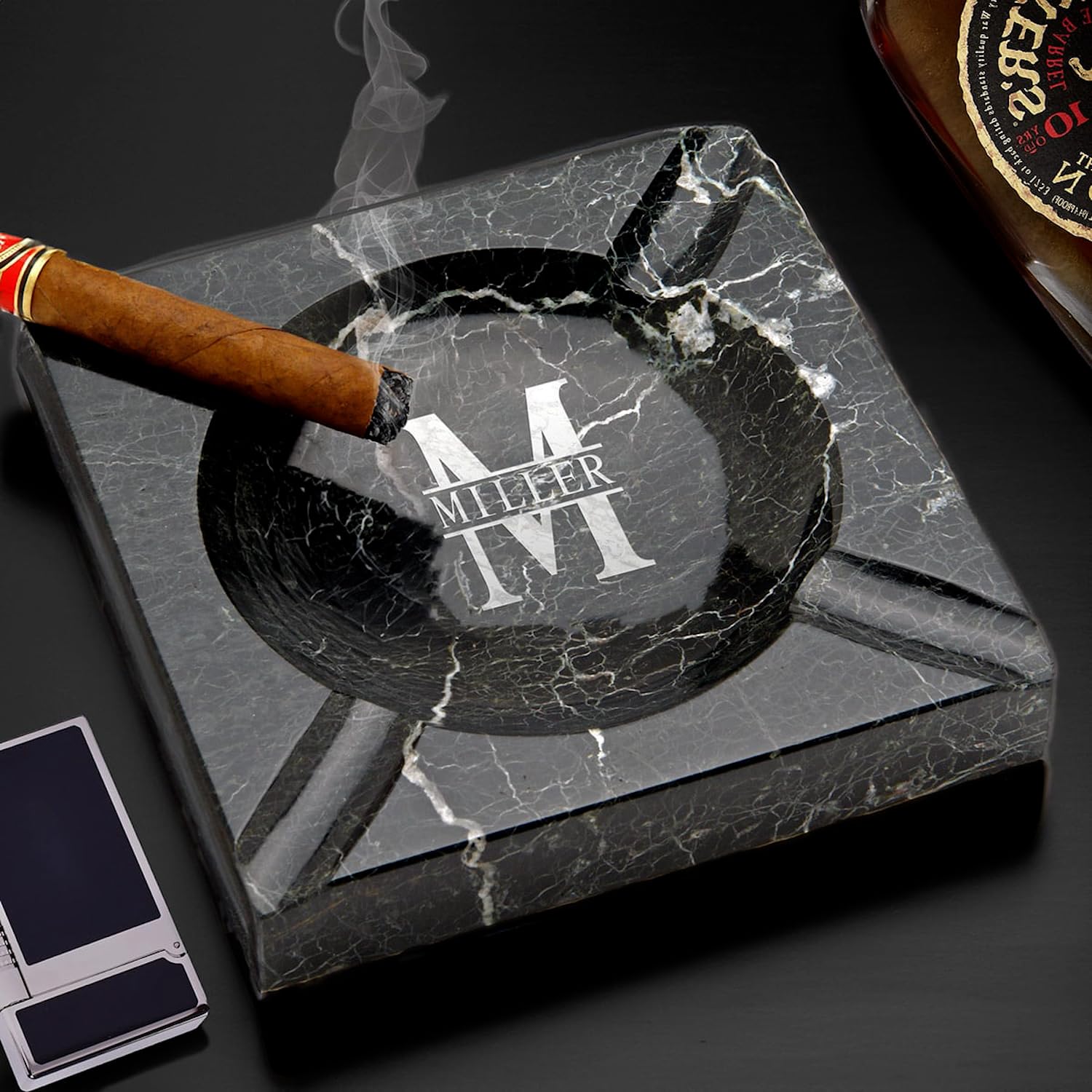 Personalized Black Marble Square Cigar Ashtray with Laser Engraved Monogram - Custom Cigar Accessories for Men, Luxury Smoking Gifts, Home Bar & Office Decor