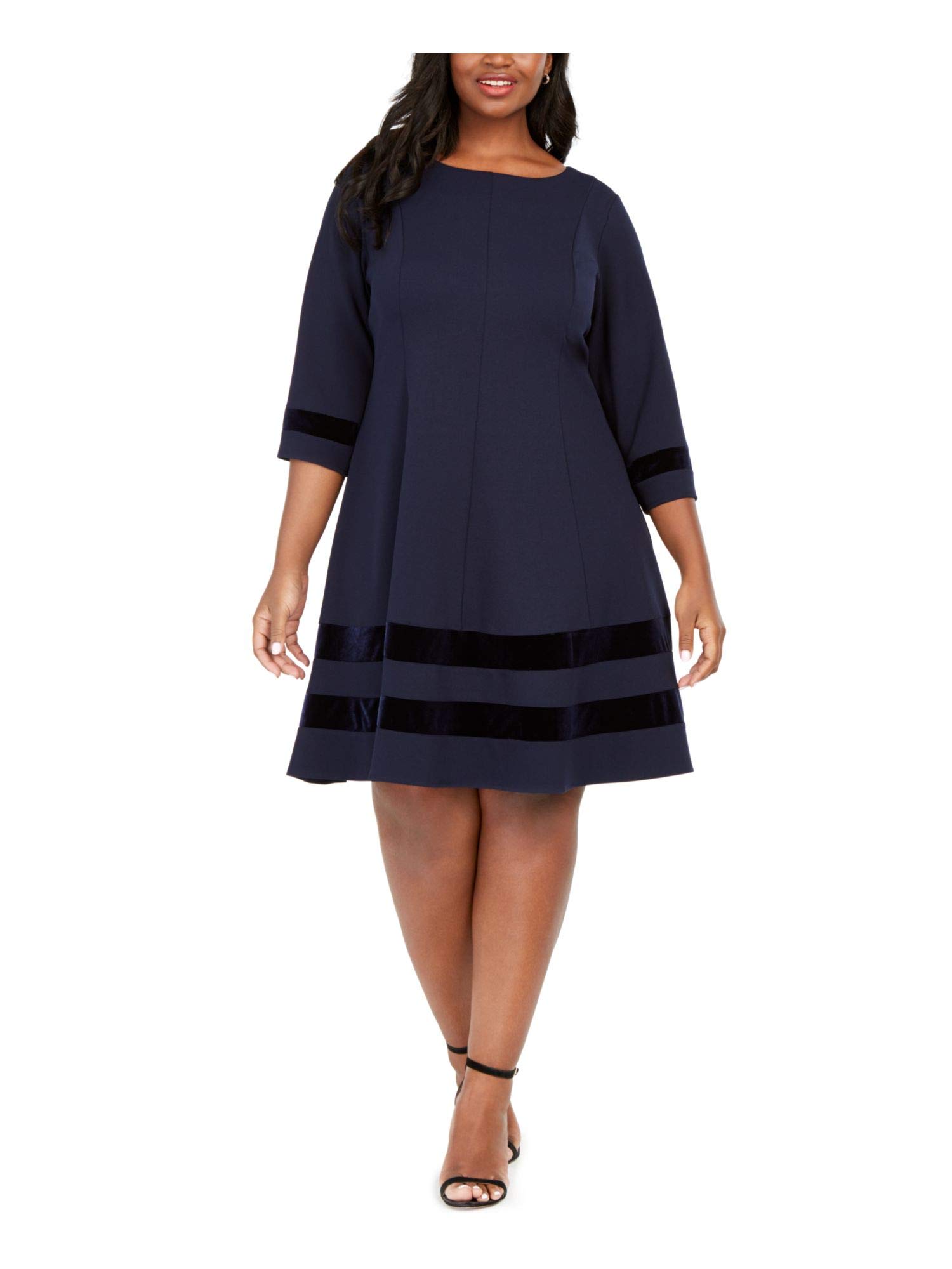 Jessica Howard Women's Plus Size 3/4 Sleeve Seamed Fit & Flare Dress with Velvet Detail - Elegant Office Wear & Special Occasion Outfit