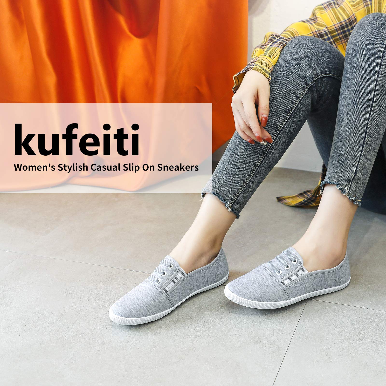 Kufeiti Women's Canvas Slip-On Sneakers - Comfortable Elastic Casual Shoes for Women in White & Black | Perfect for Walking, Travel & Everyday Wear
