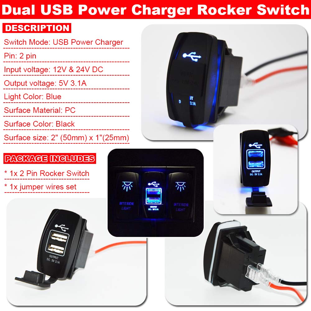 12V-24V Dual USB Charger Rocker Switch with Blue Backlight - Compatible with UTV, Polaris Ranger RZR XP Turbo, Can-Am Commander & Maverick X3 - Perfect for Off-Road Vehicles & Power Sports Accessories