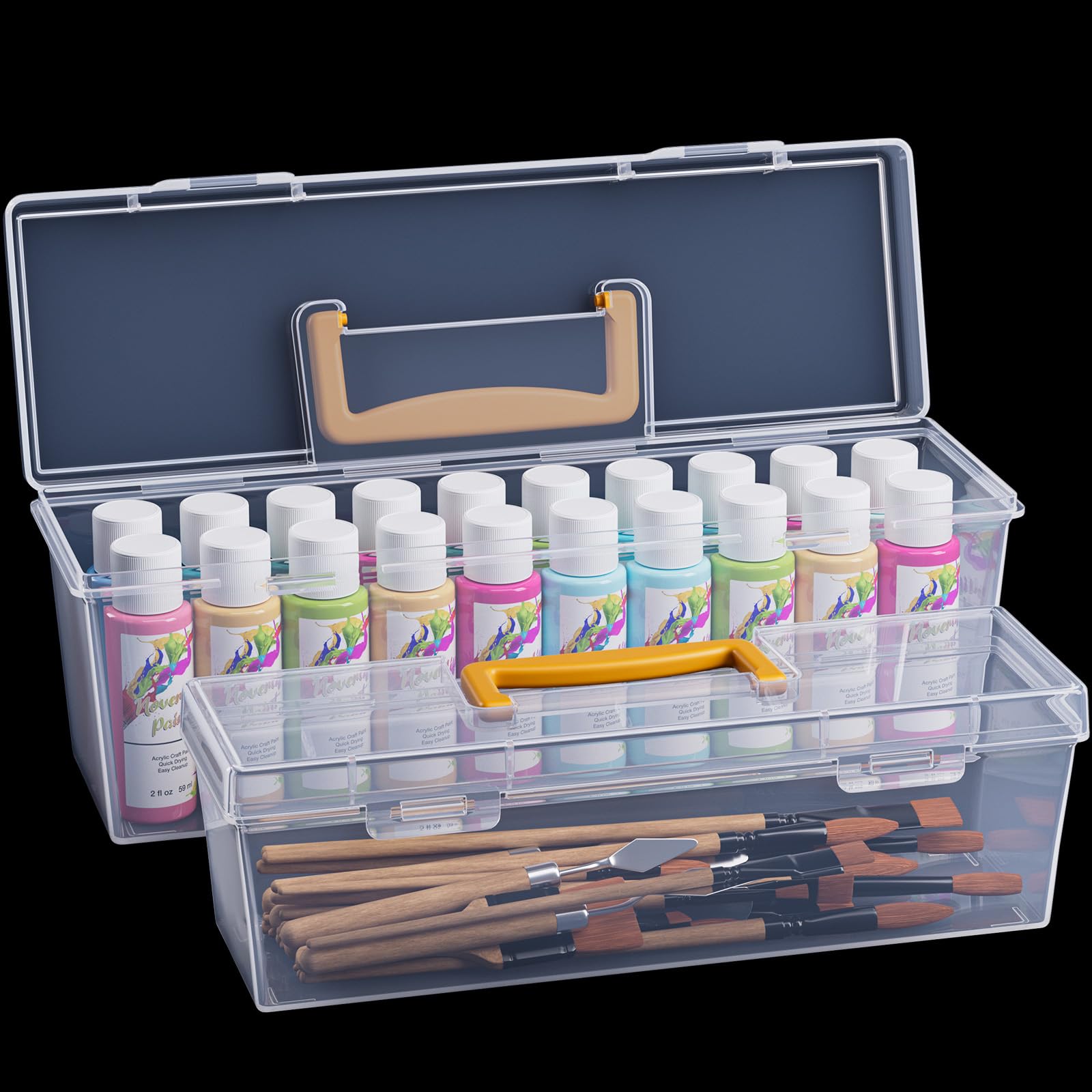 Udefineit 2-Size Acrylic Paint Storage Box with Yellow Handle - Thickened Craft Organizer Holds 20 Bottles of 2oz Apple Barrel Paints | Perfect for Artists, DIY Projects & Classroom Paint Storage