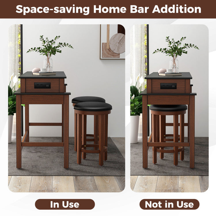 Costway 3-Piece Bar Set with Table & 2 Upholstered Stools - Outlets & USB Ports - Perfect for Kitchen Island, Breakfast Nook or Home Bar
