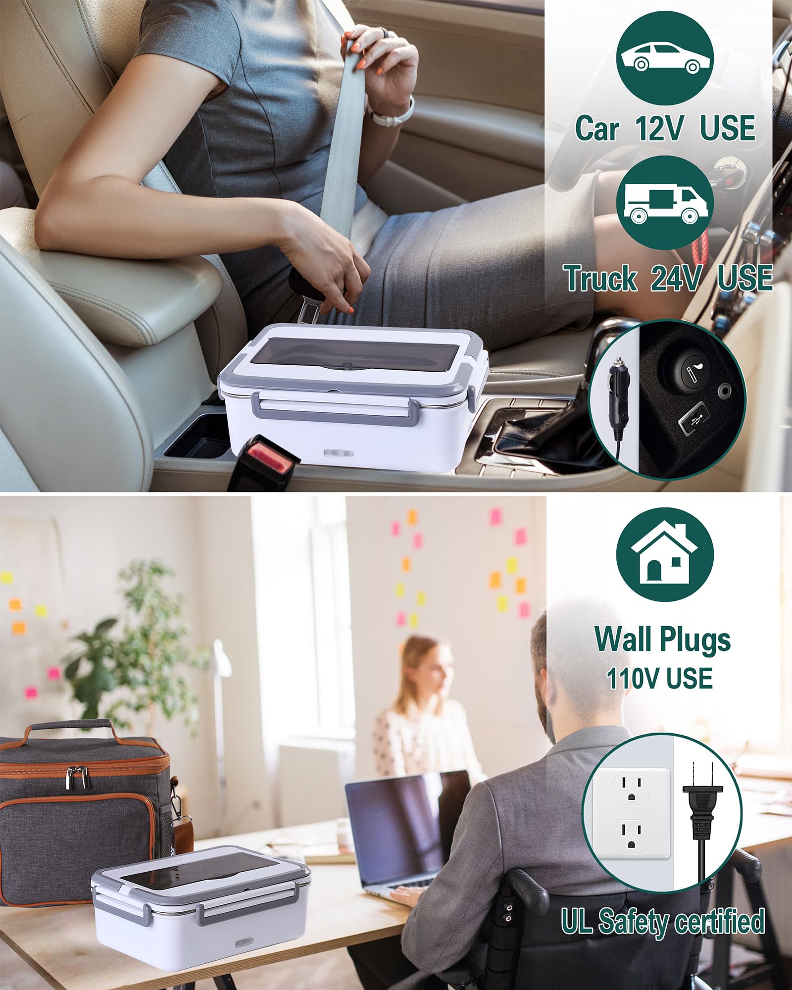 80W Electric Lunch Box for Adults - 1.8L Portable Food Warmer with Insulated Cooler Bag | 12V/24V/110V Heating Lunch Box for Work, Car, Truck & Home | Perfect for Office Meals, Road Trips & Commuting