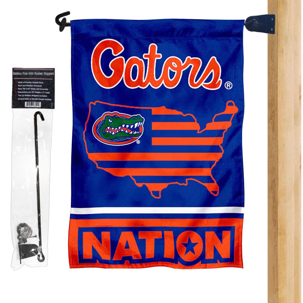 Florida Gators Garden Flag Set with USA Stars and Stripes Design - Includes Mailbox Post Pole Mount Holder - Perfect for College Football Tailgates, Home Decor, and Outdoor Yard Displays