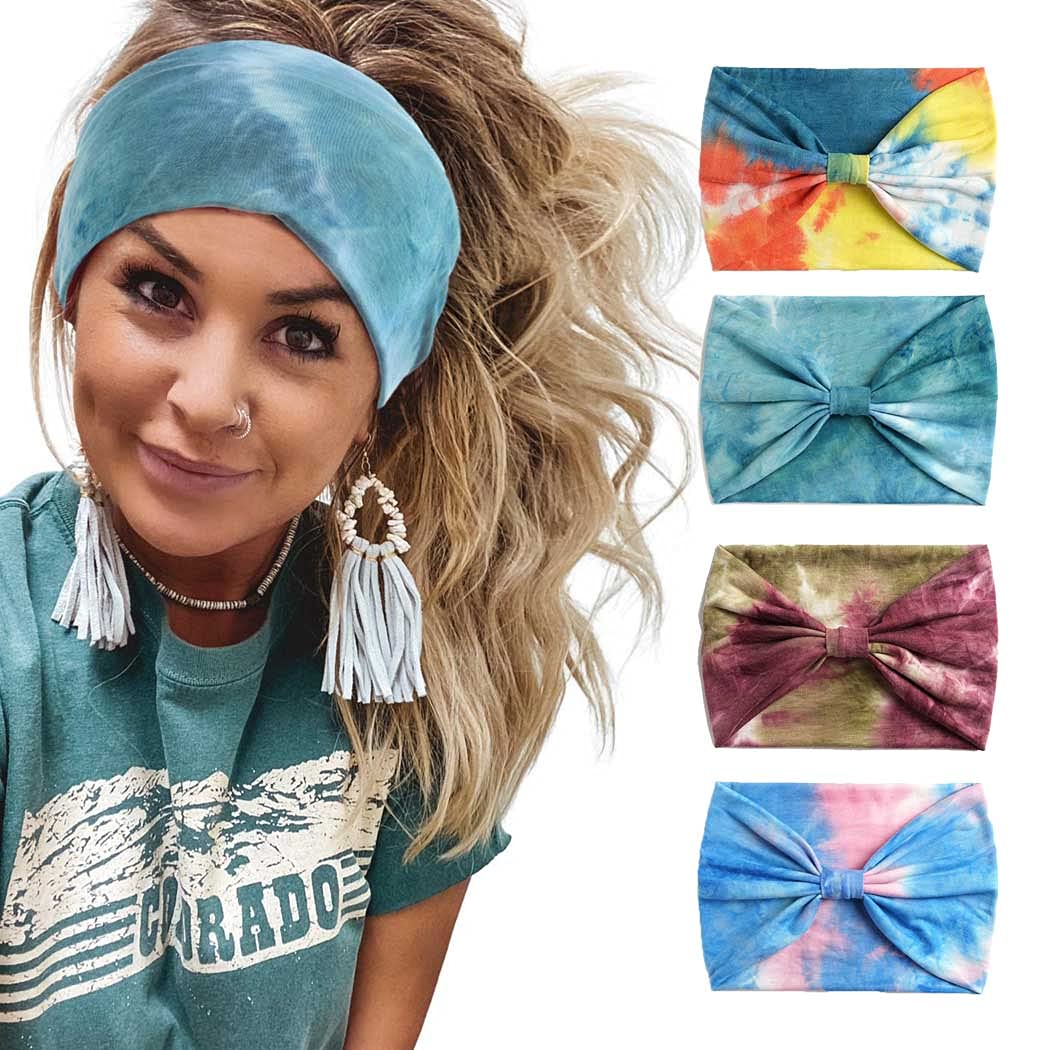 Tie Dye Headbands for Women - Wide Boho Turban Knotted Head Wraps & Yoga Hair Scarves (Pack of 4) - Perfect for Yoga, Workouts, Beach & Festival Fashion Accessories