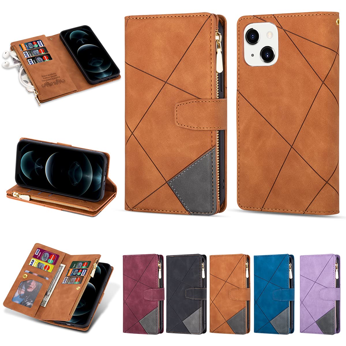 Magnetic Leather Zipper Wallet Case for iPhone 13 (6.1 inch) - Flip Cover with Wrist Strap, Card Holder & Kickstand | Perfect for Travel, Shopping & Everyday Use
