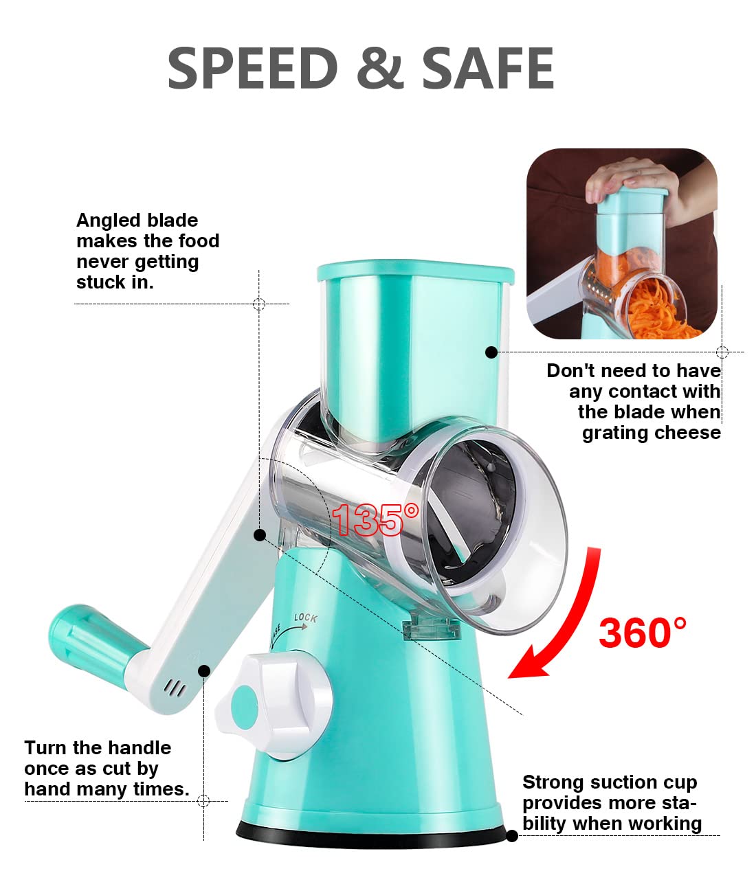 Rotary Cheese Grater - Manual Kitchen Shredder with 3 Interchangeable Blades | Safe Food Grinder for Nuts, Potato, Carrot, Garlic & Walnut | Perfect for Salads, Pasta, Pizza & Baking (Blue)