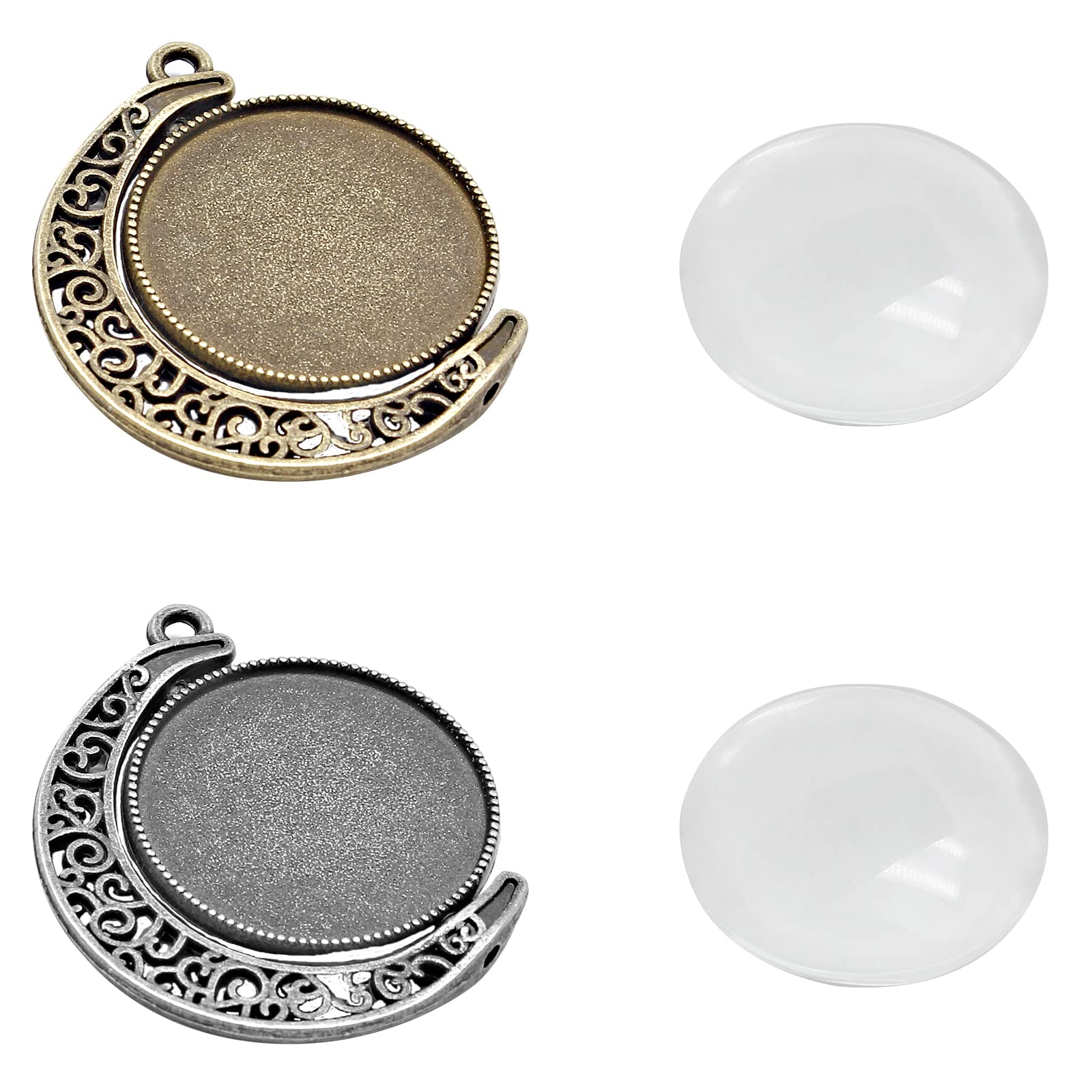 30Pcs Moon Phase Double-Sided Pendant Trays with 20Pcs Clear Glass Cabochons - 25mm Alloy Charms for Jewelry Making (Silver & Bronze) - Perfect for DIY Necklaces, Bracelets, and Moon Phase Themed Crafts