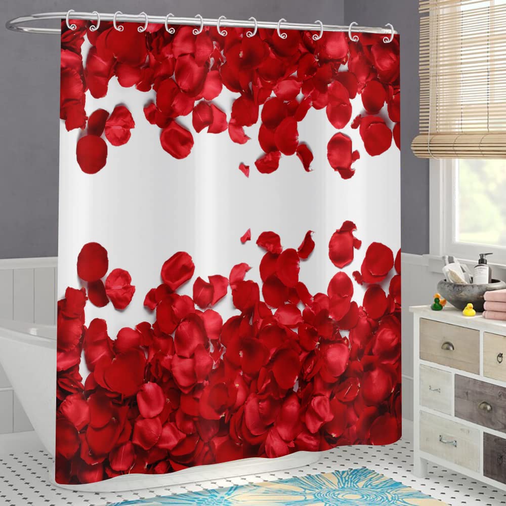 Valentine's Day Rose Shower Curtain - Waterproof Floral Bathroom Decor with Hooks, 72x72 Inch - Romantic Red Rose Design for Couples Gift & Master Bathroom Upgrade