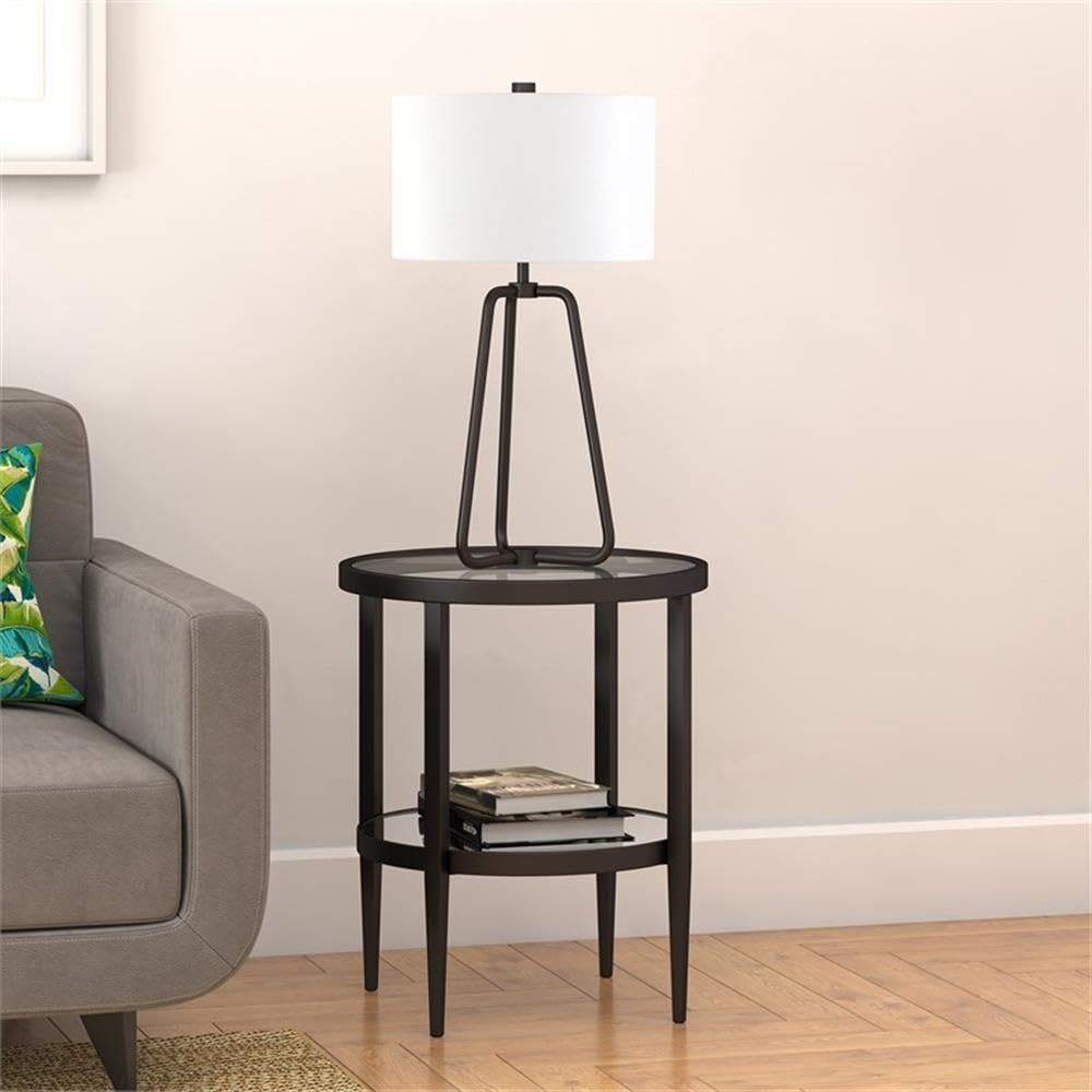 Modern Round Glass Top Metal Accent Table with Shelf - Black Pemberly Row End Table for Living Room, Bedroom & Office Decor