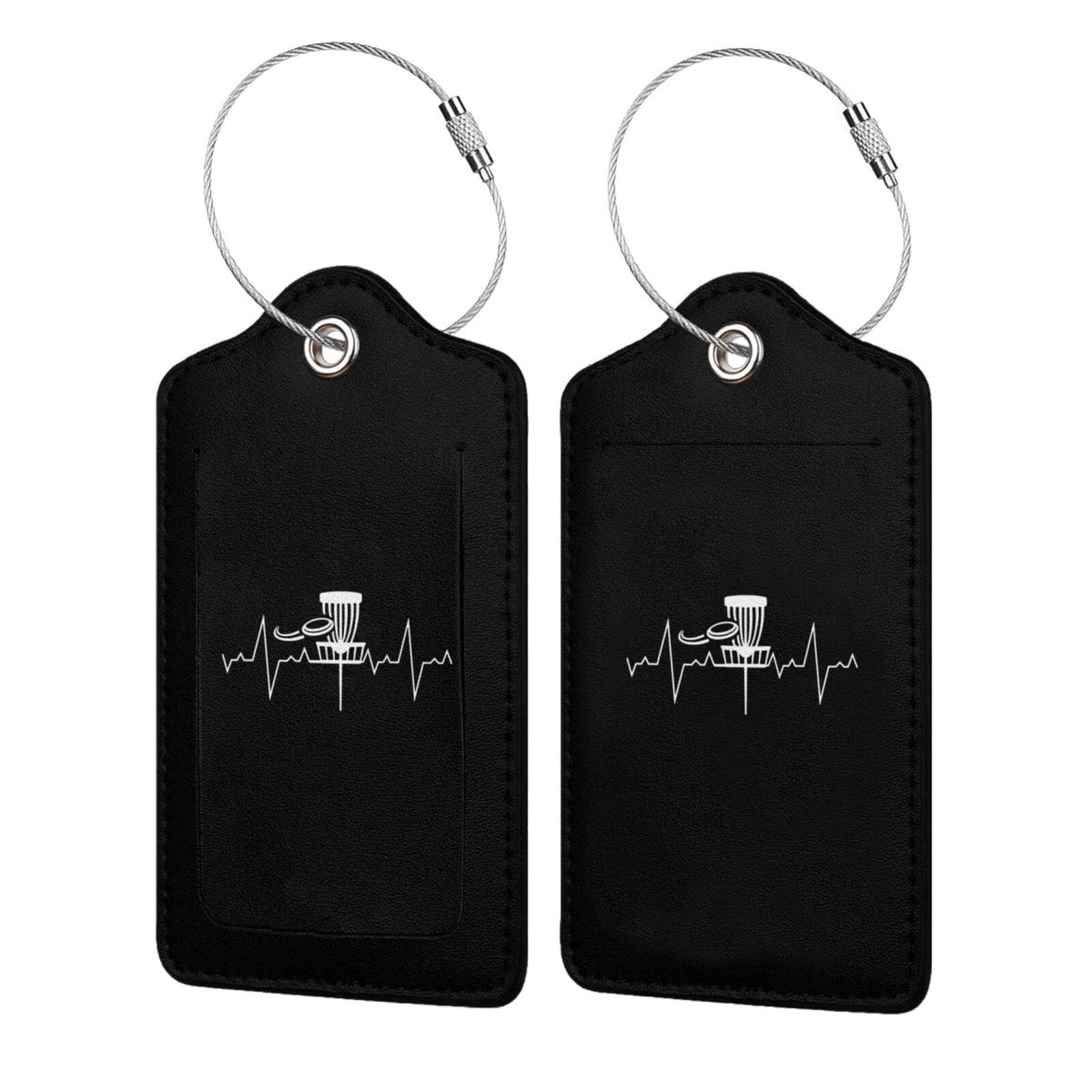 Heartbeat Disc Golf Luggage Tags - 2 Pack Stainless Steel Loop Leather Name ID Labels for Travel Bags | Perfect for Golf Travel, Airport Identification & Sports Equipment Tracking