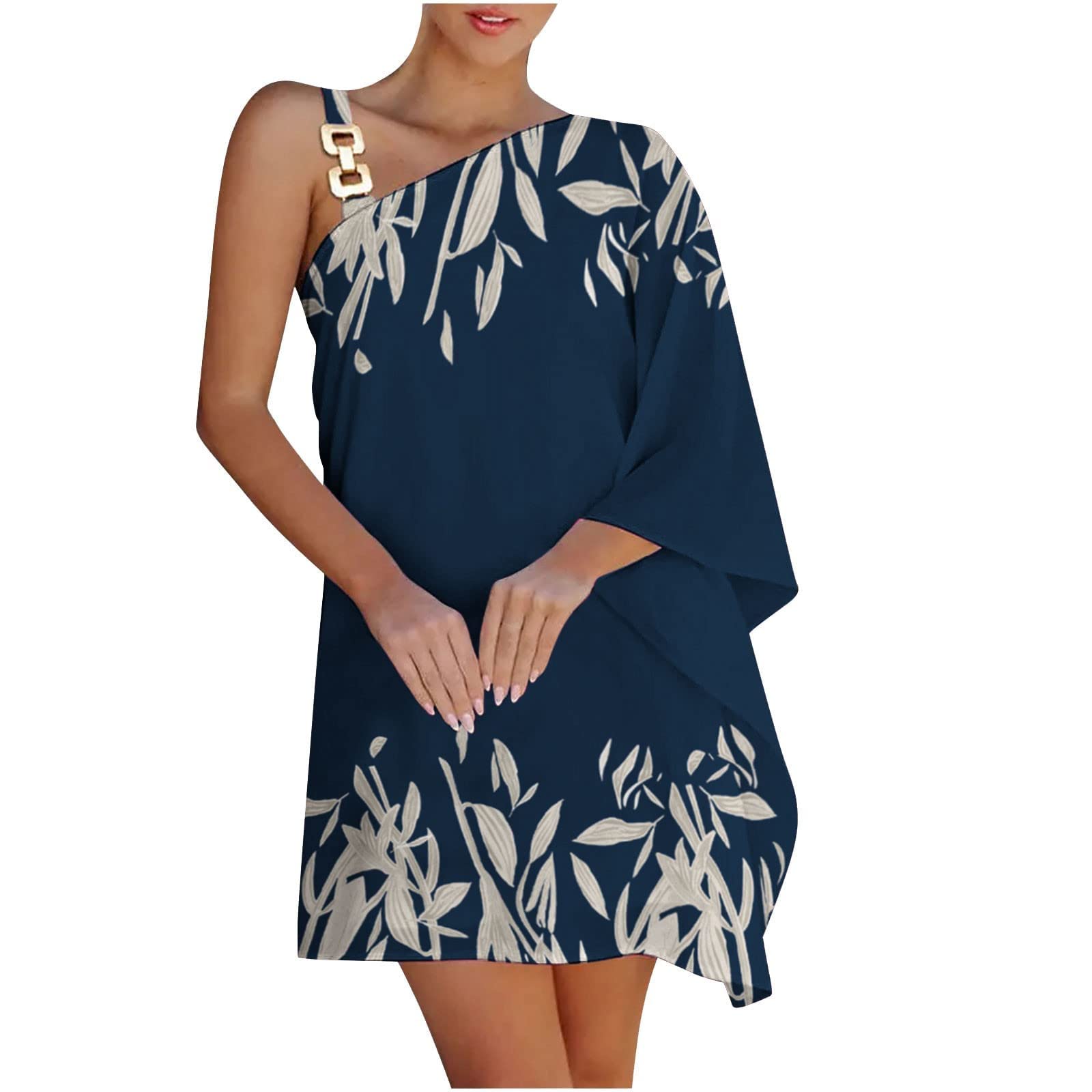 Women's Floral Print Batwing Sleeve One Shoulder Mini Dress with Chain Strap - Sexy Summer Club Dress for Night Out, Party & Beach Vacation