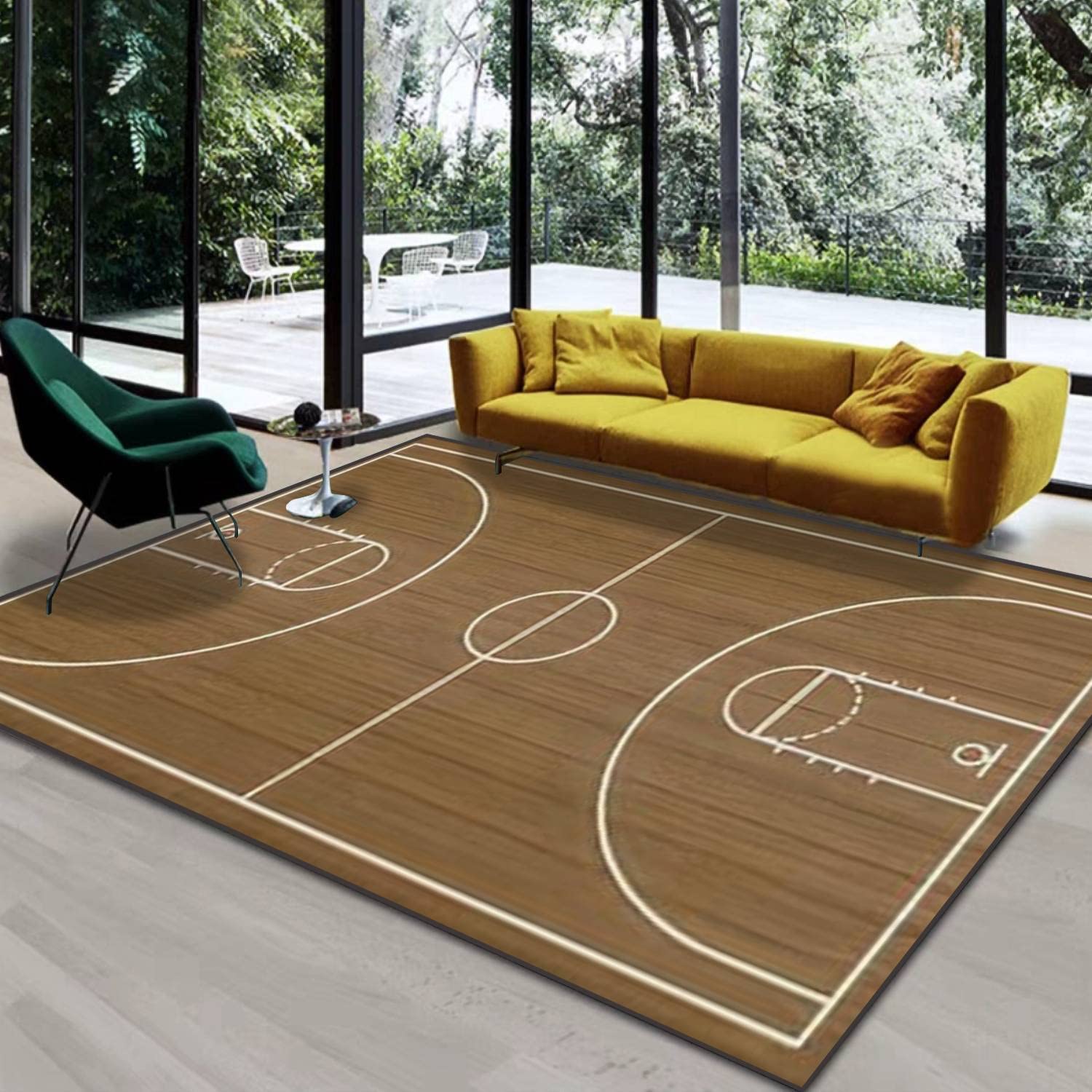 Basketball Court Area Rug - Non-Slip Hardwood Texture Floor Mat for Living Room, Bedroom, Kids Room | Indoor/Outdoor Use as Yoga Mat, Runner & Home Decor