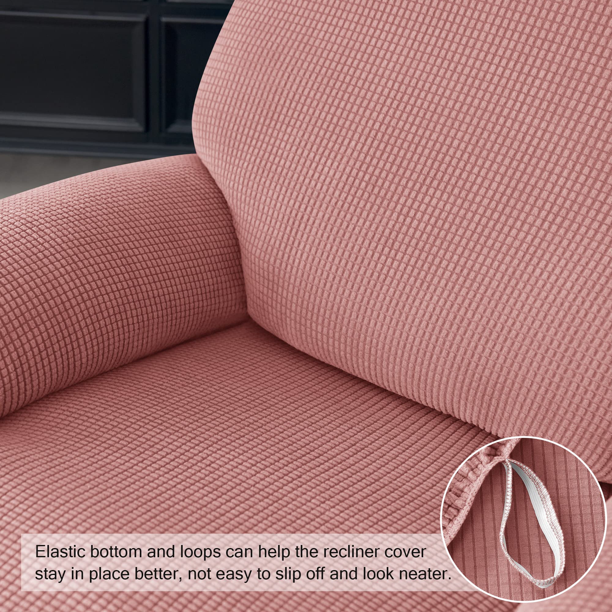 CONRUSER Stretch Recliner Cover - 4-Piece Thick Jacquard Sofa Slipcover for Single Seat Recliners, Soft & Durable Furniture Protector (Pink) - Perfect for Living Room, Home Theater & Office Use