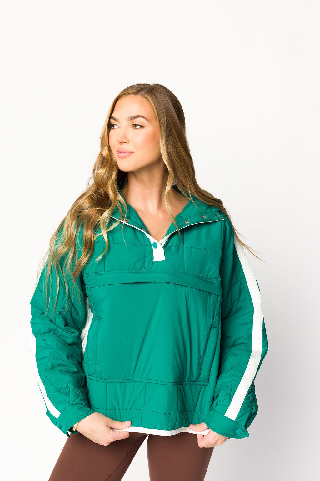 Joanna Quilted Puffer Pullover Jacket for Women - Warm Winter Hooded Coat in Hunter Green/White | Outdoor Hiking, Skiing & Casual Wear